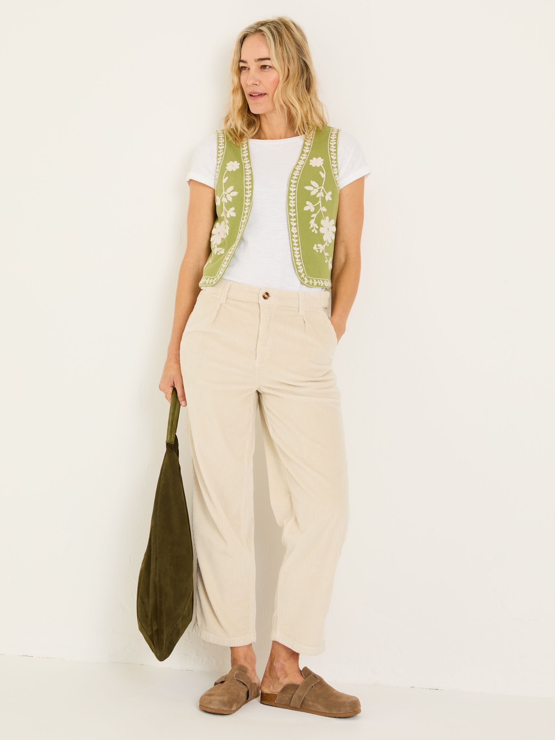 Olive Green 100% Cotton Embroidered Jersey Waistcoat - Image 3 of 9