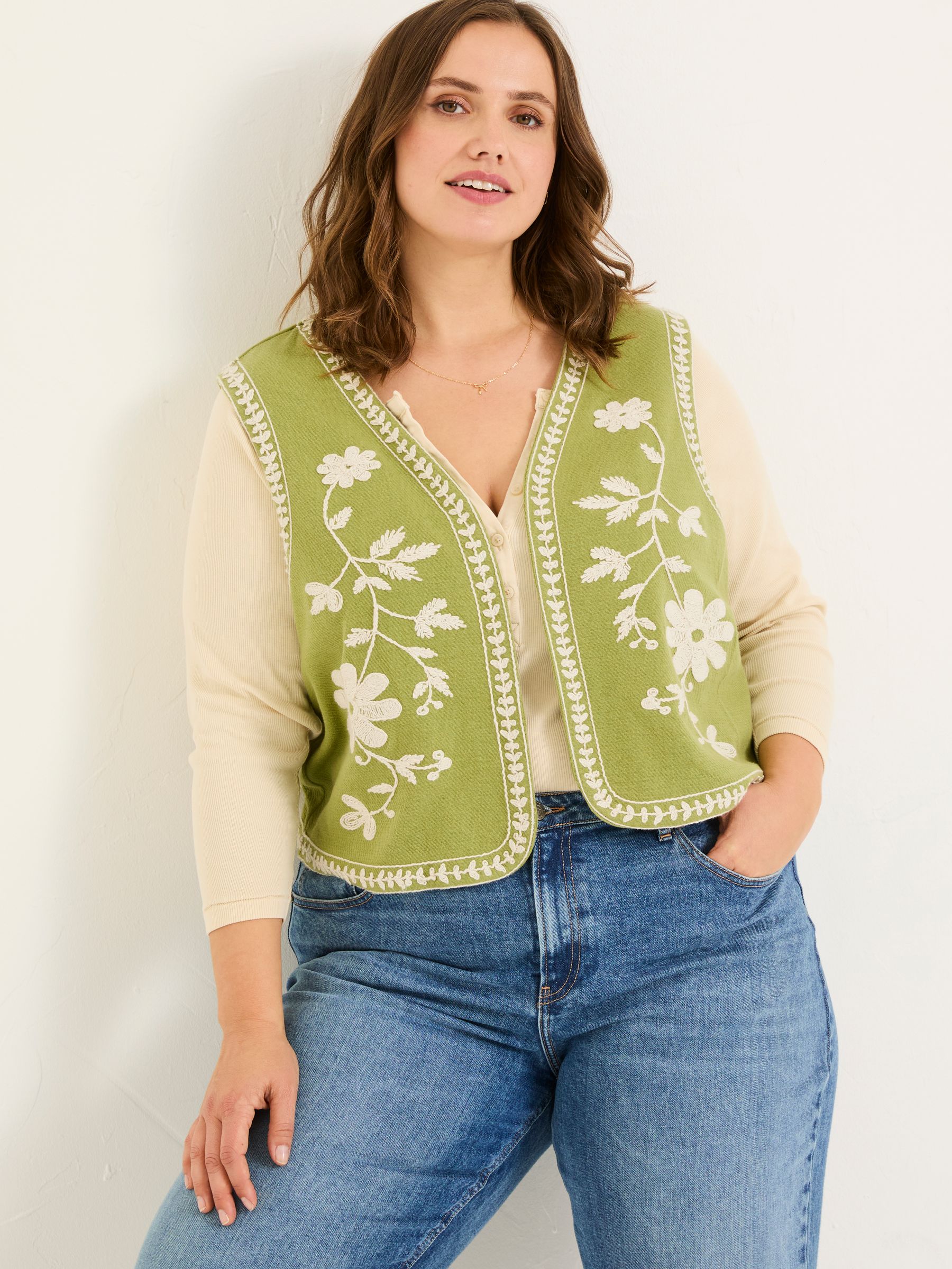 Olive Green 100% Cotton Embroidered Jersey Waistcoat - Image 5 of 9