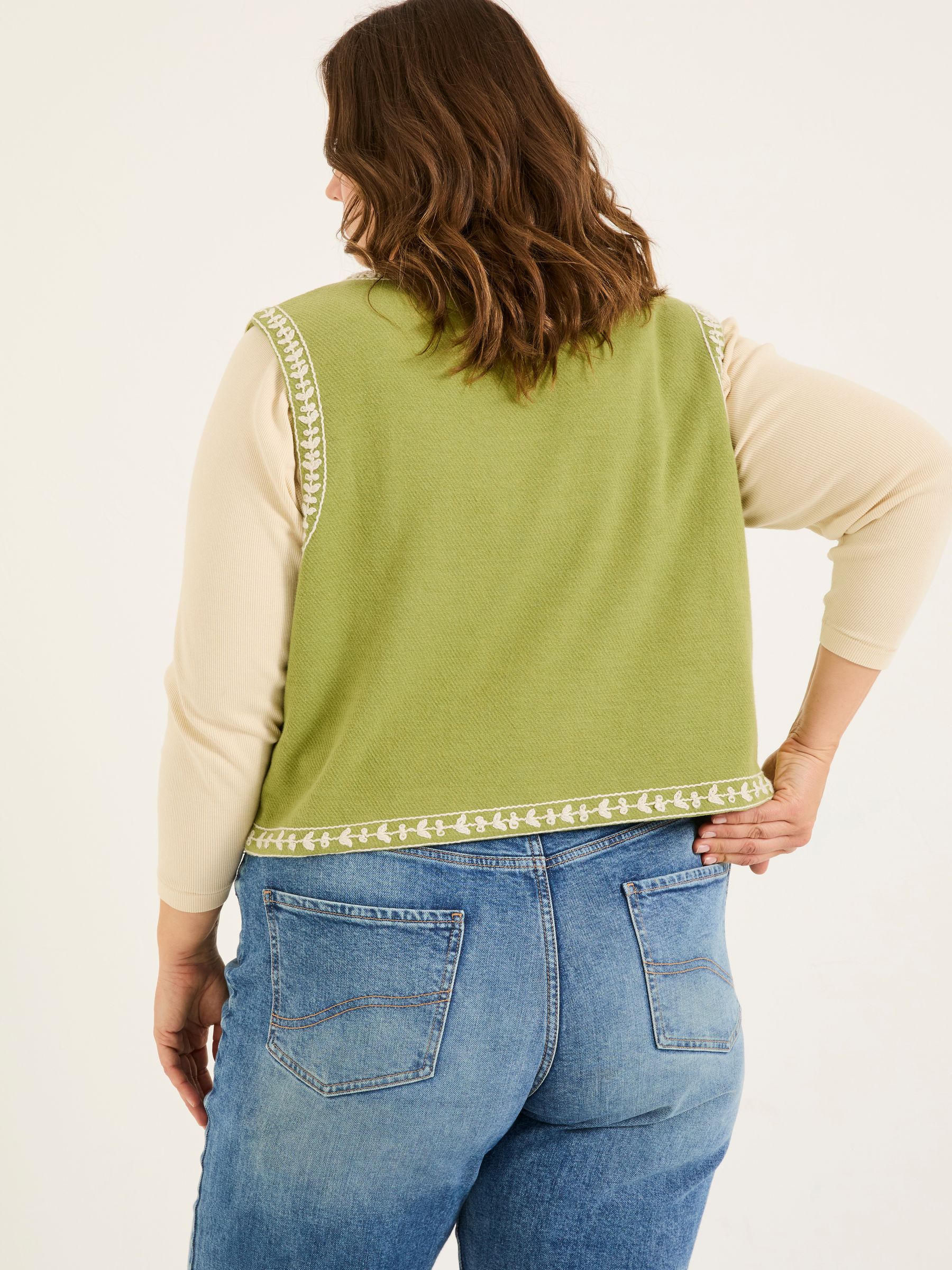 Olive Green 100% Cotton Embroidered Jersey Waistcoat - Image 6 of 9