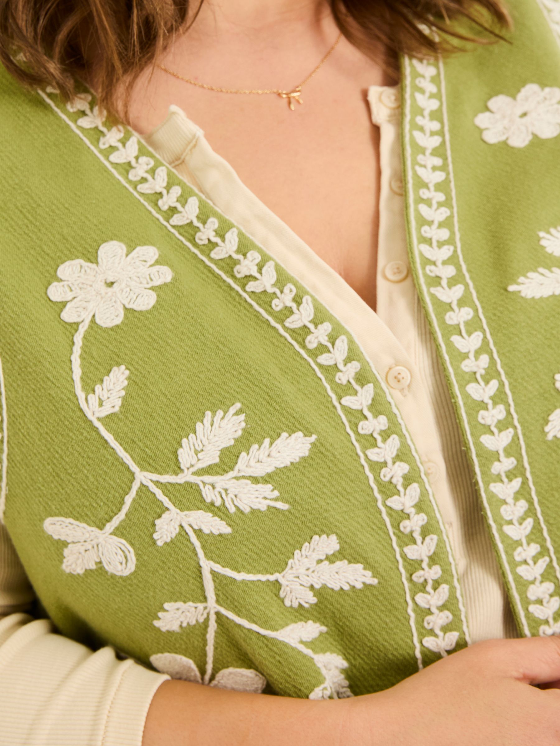 Olive Green 100% Cotton Embroidered Jersey Waistcoat - Image 7 of 9