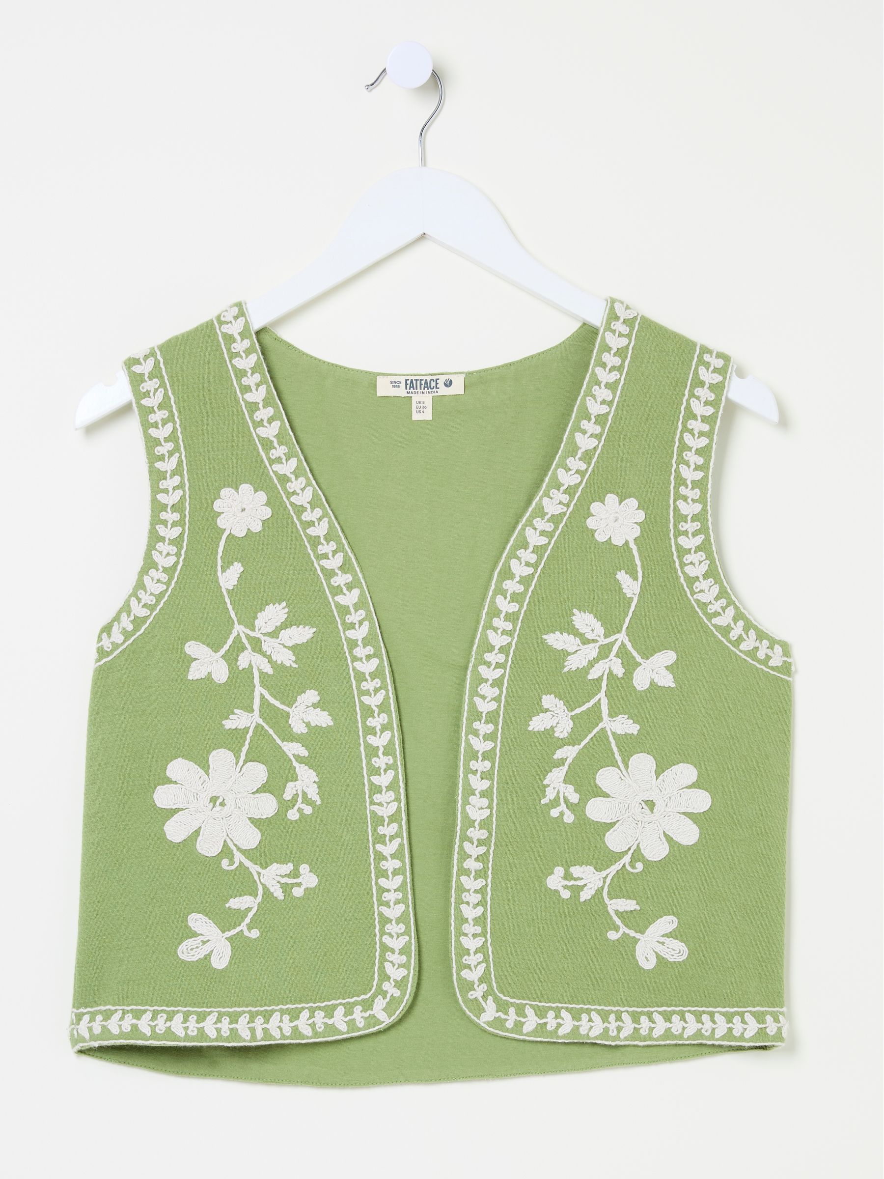 Olive Green 100% Cotton Embroidered Jersey Waistcoat - Image 8 of 9