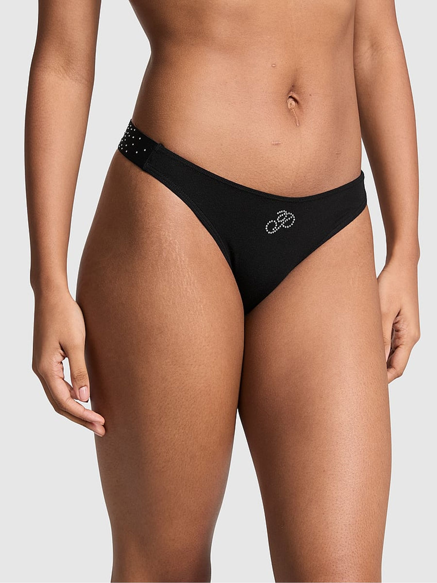Black Diamante Thong Cotton Logo Knickers - Image 1 of 3