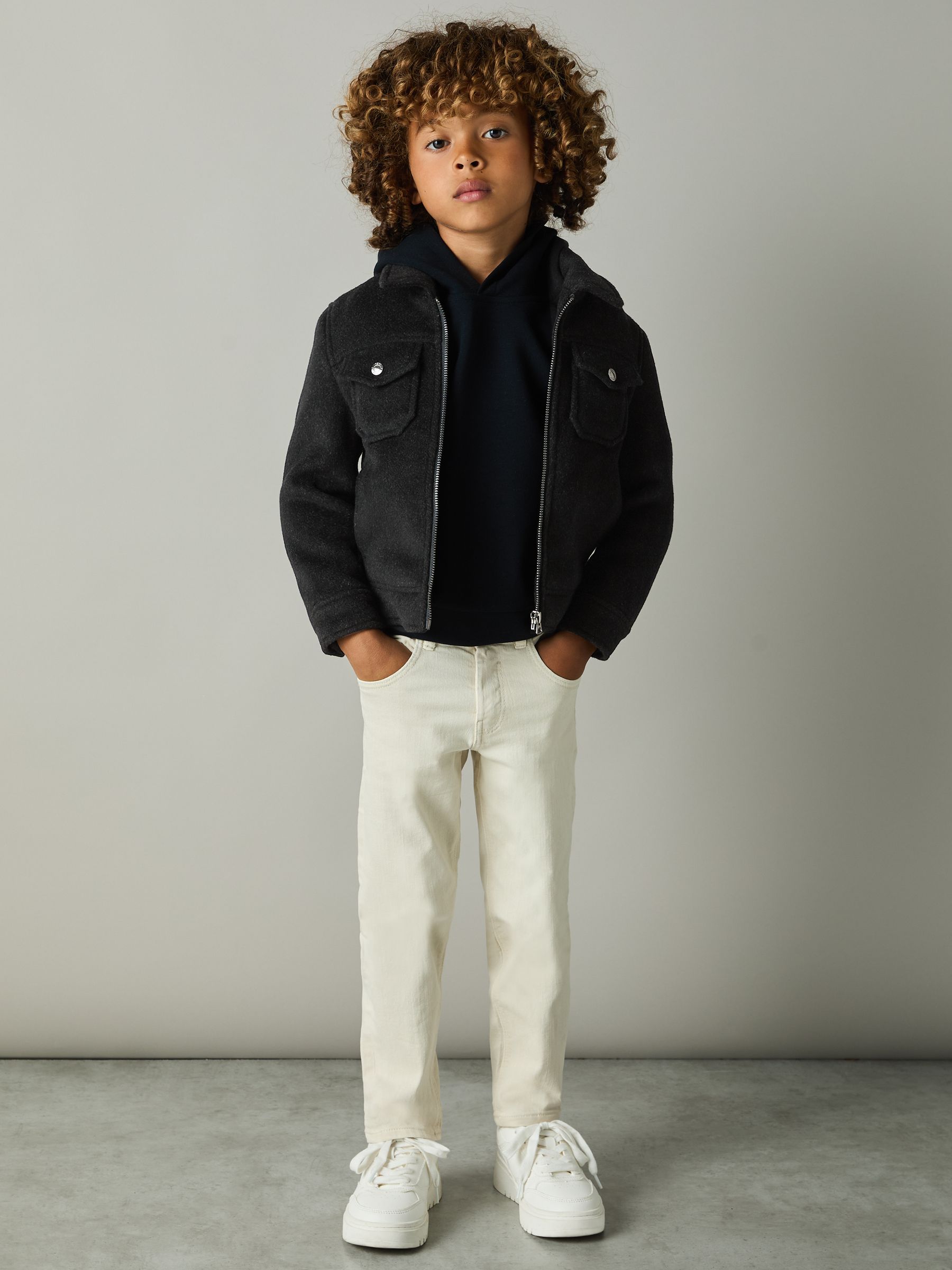 Wool-Blend Melton Trucker Jacket in Dark Indigo Melange - Image 2 of 4 Wool-Blend Melton Trucker Jacket in Dark Indigo Melange - Image 2 of 4