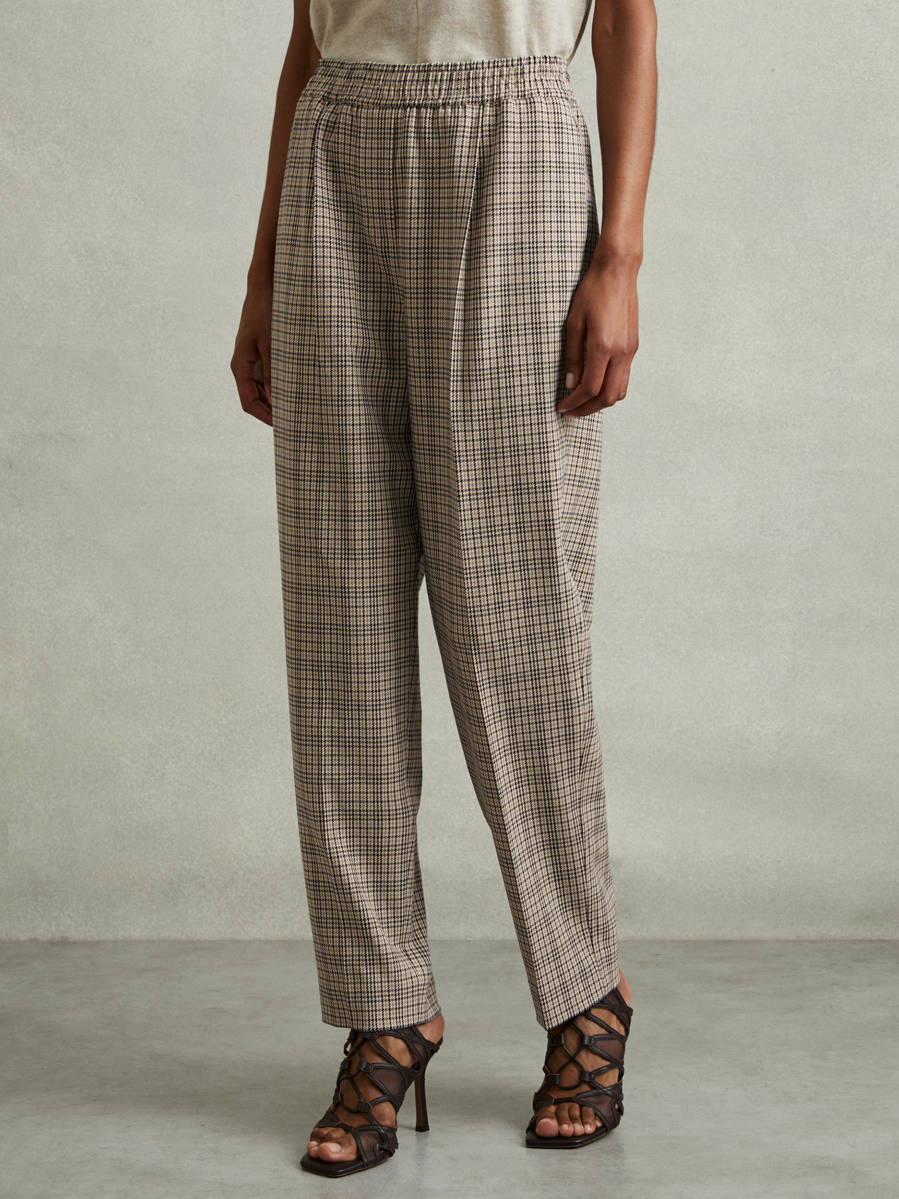 Karina Neutral Check Elasticated Waist Tapered Trousers - Image 1 of 6