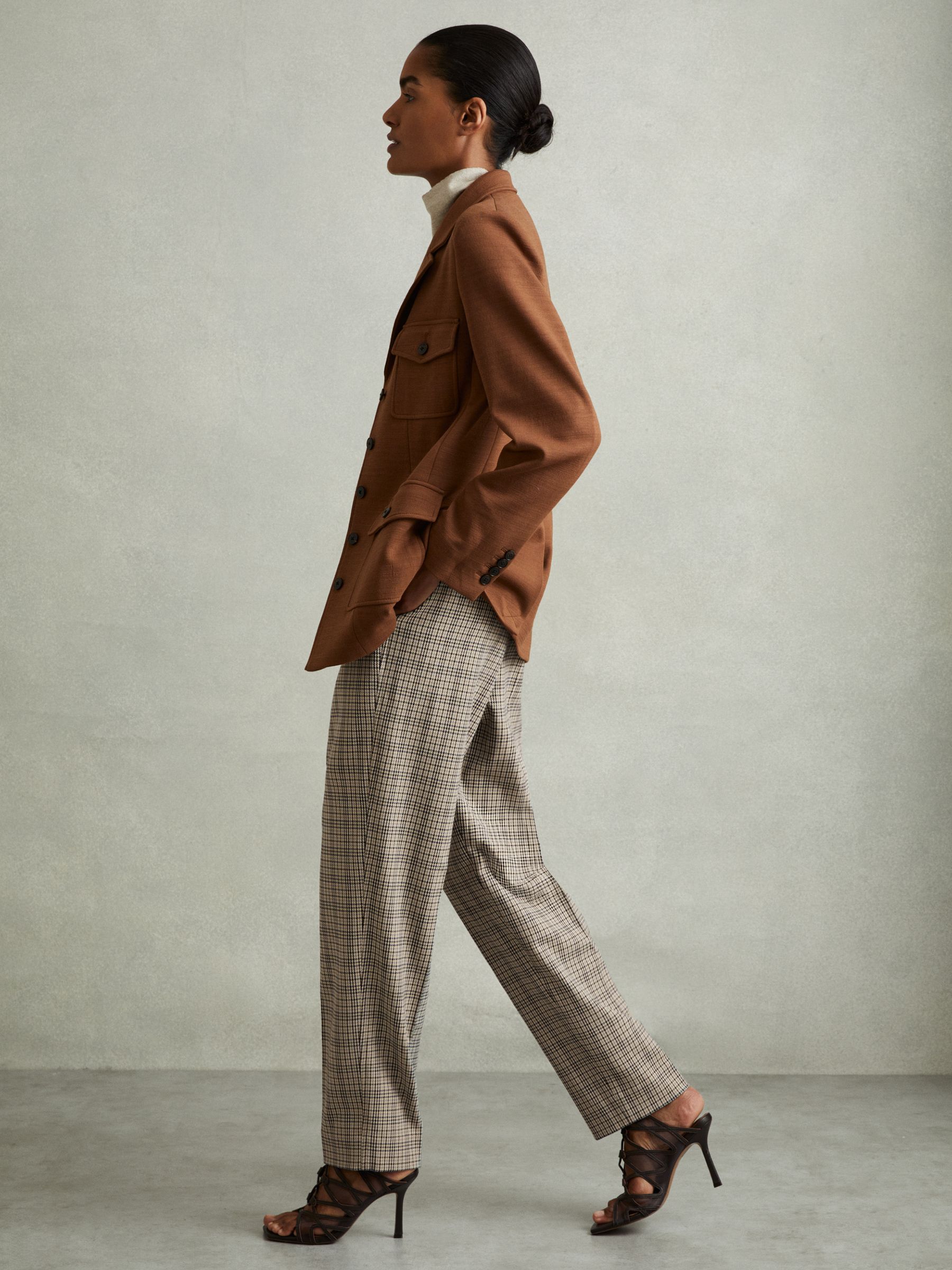 Karina Neutral Check Elasticated Waist Tapered Trousers - Image 3 of 6