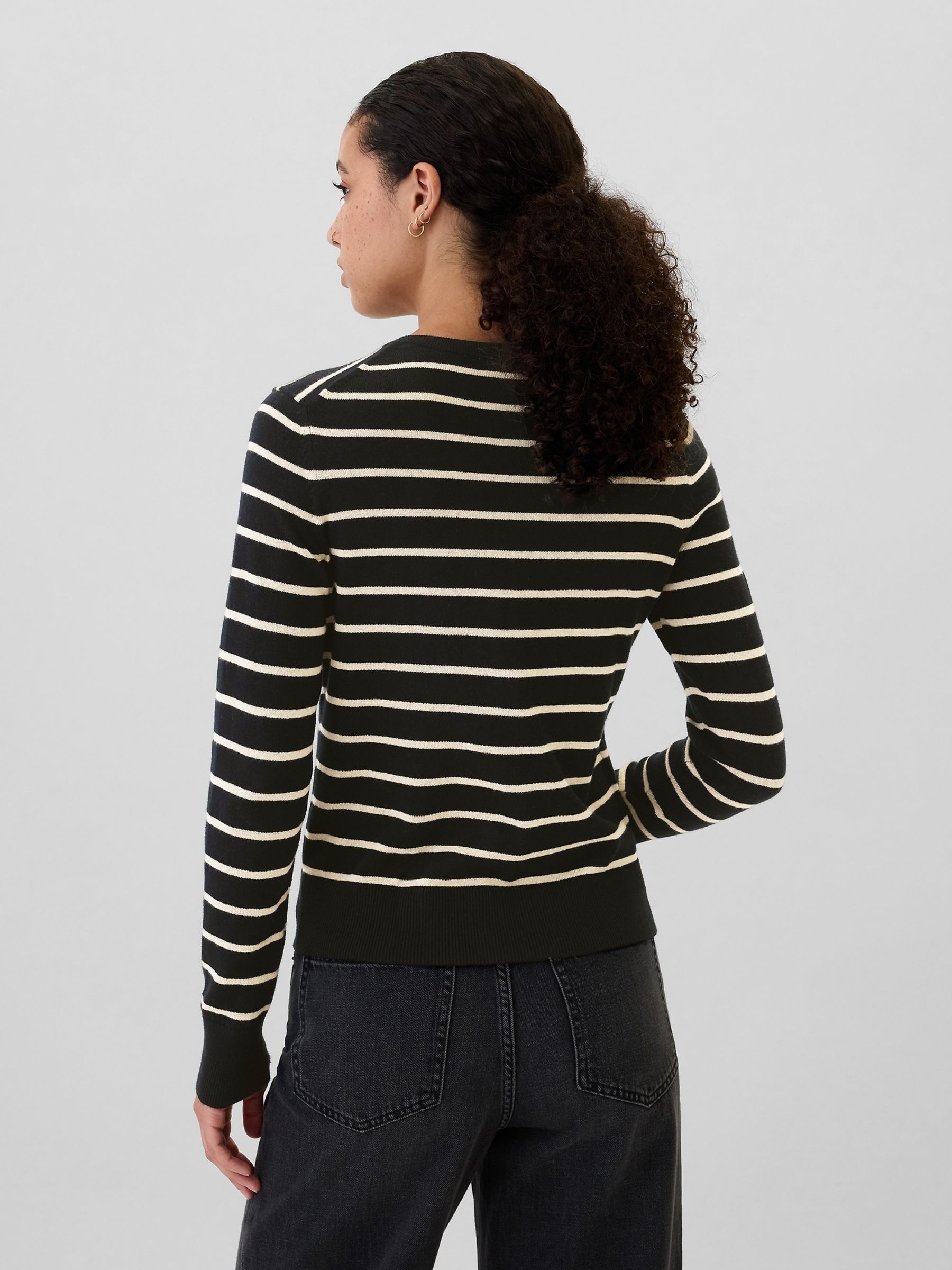 Black/White Stripe Long Sleeve Crew Neck Cardigan - Image 2 of 5