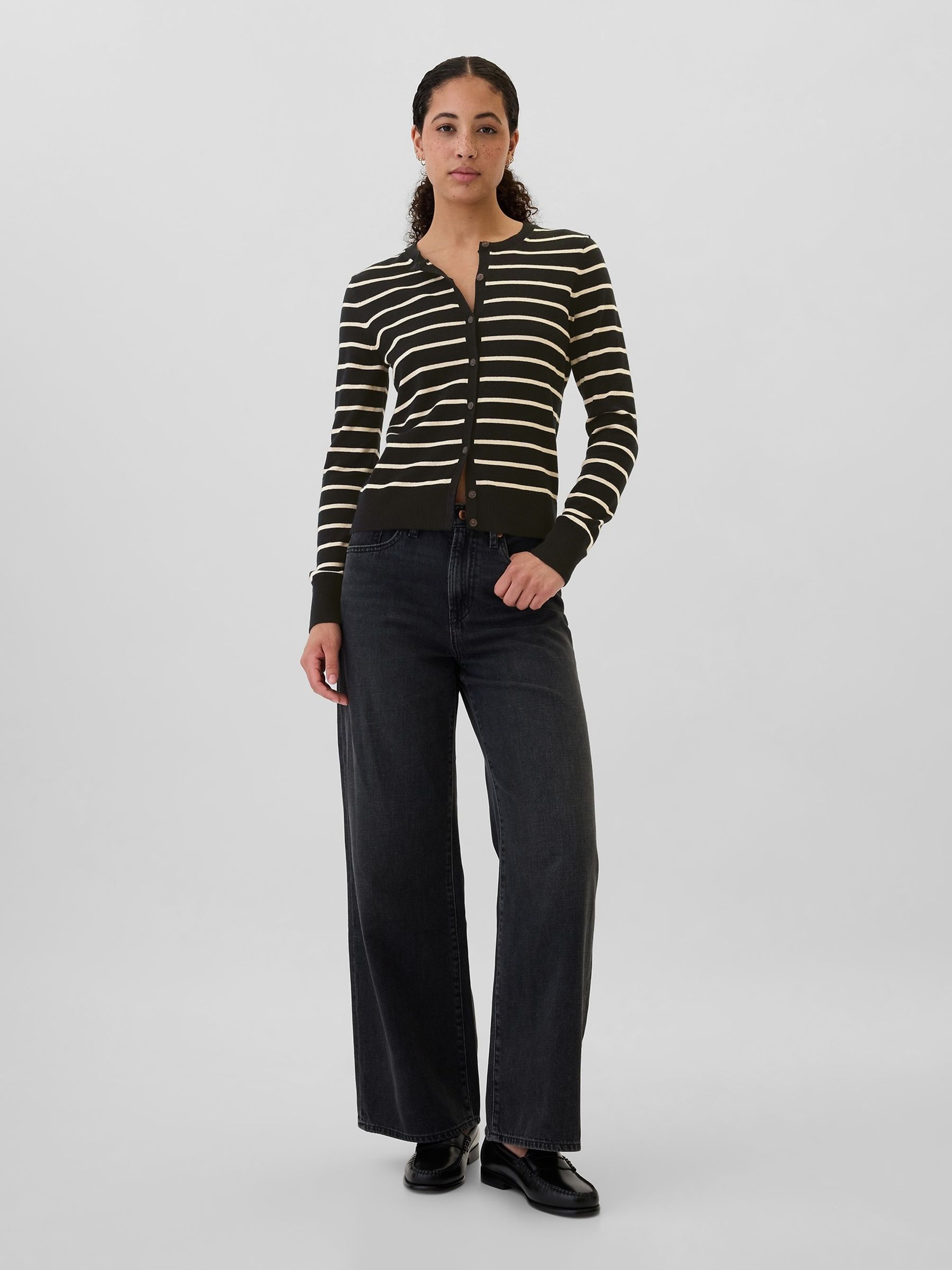 Black/White Stripe Long Sleeve Crew Neck Cardigan - Image 3 of 5