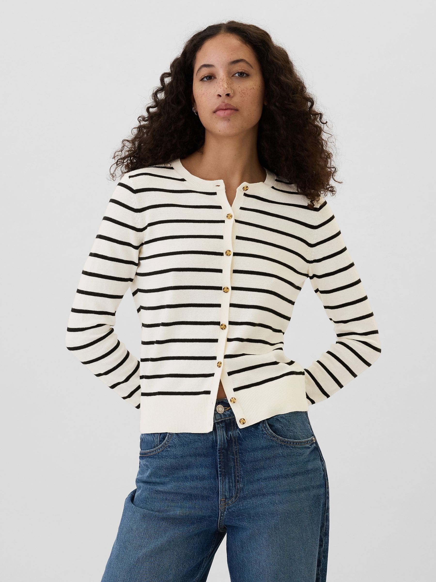 White Stripe Long Sleeve Crew Neck Cardigan - Image 1 of 5