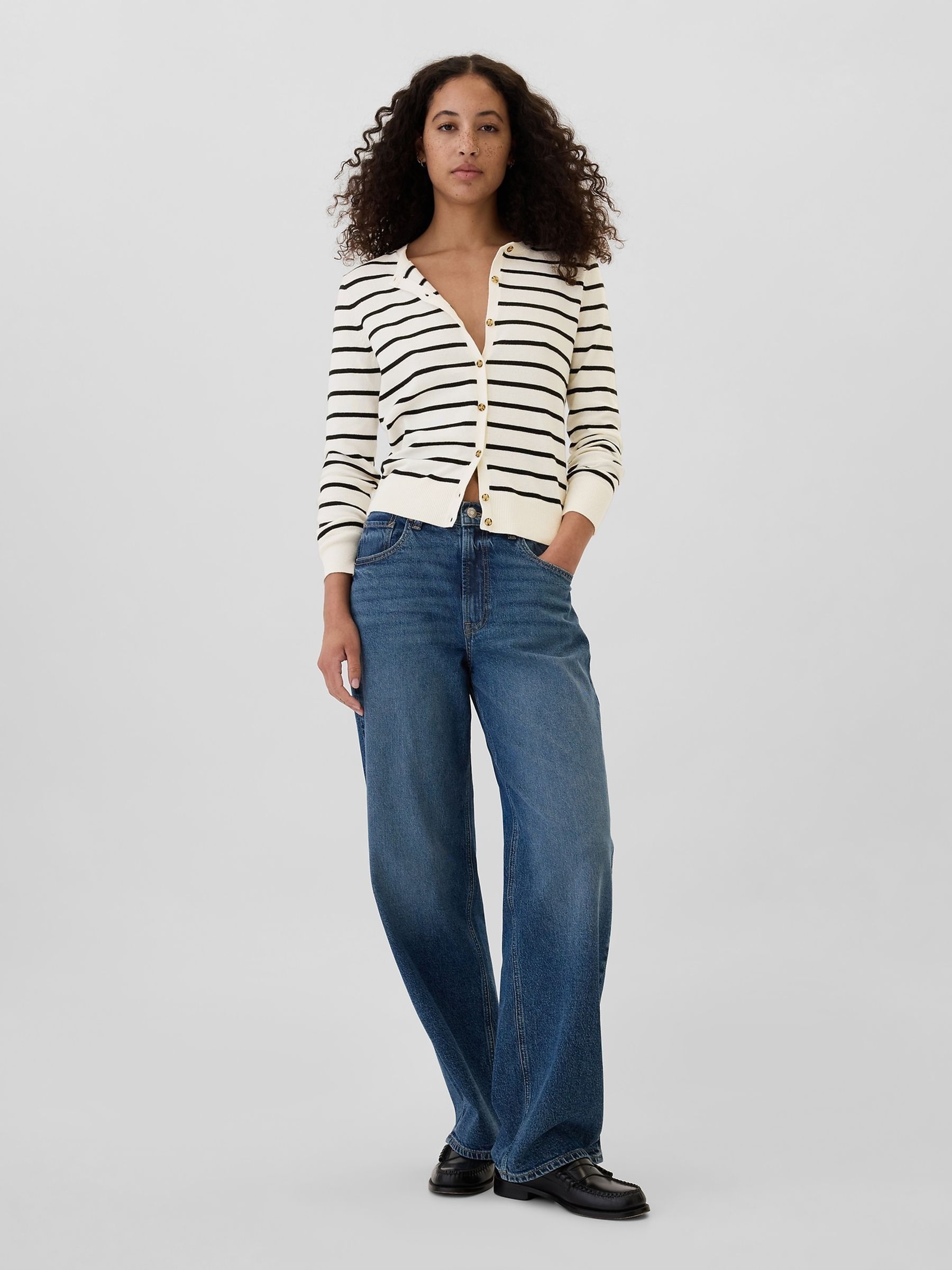 White Stripe Long Sleeve Crew Neck Cardigan - Image 2 of 5