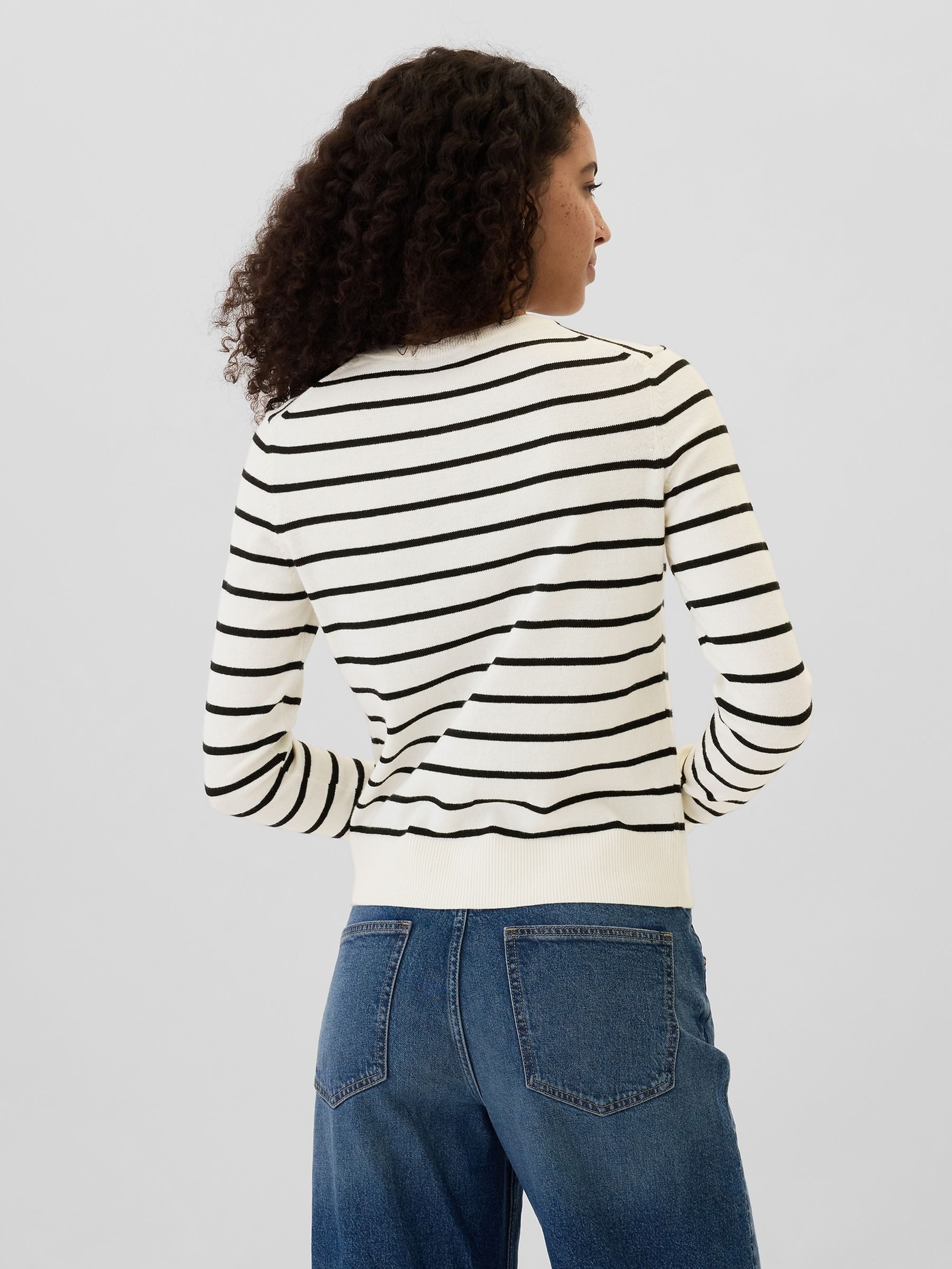 White Stripe Long Sleeve Crew Neck Cardigan - Image 3 of 5