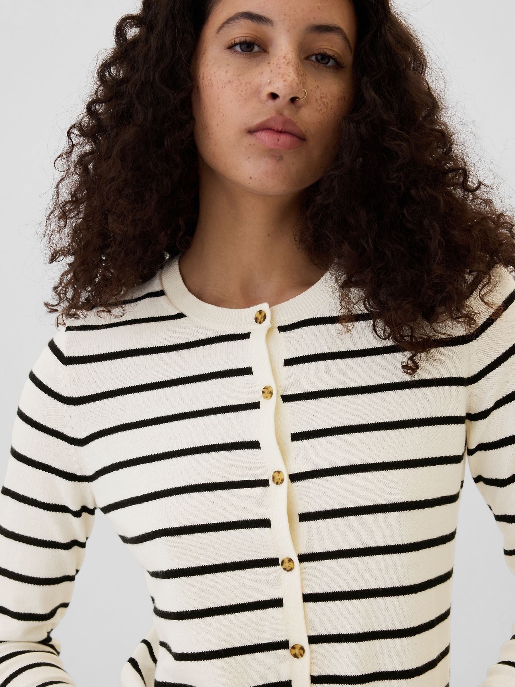 White Stripe Long Sleeve Crew Neck Cardigan - Image 4 of 5