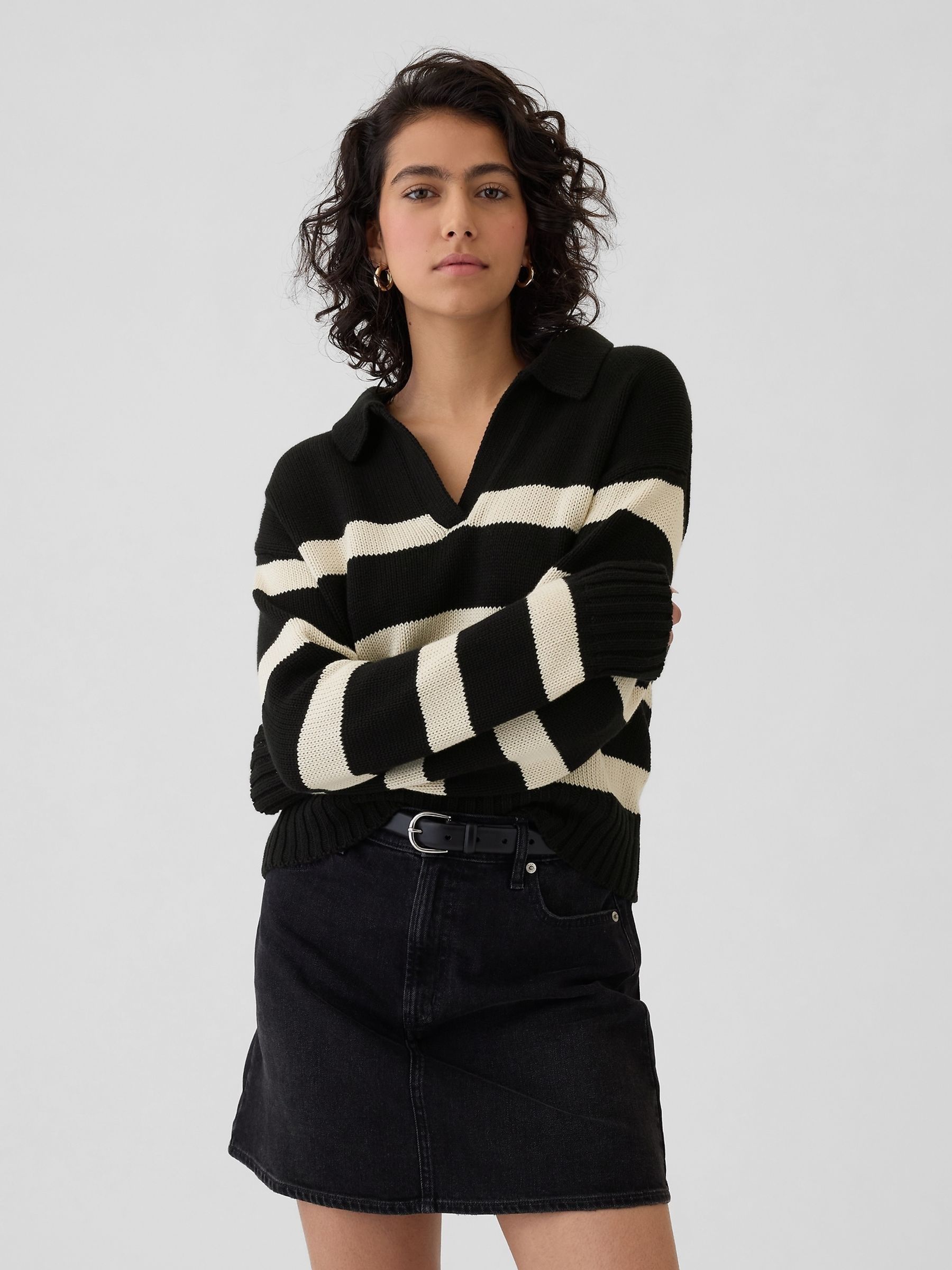 Black Stripe Soft Cotton Shrunken V-Neck Polo Jumper - Image 1 of 5