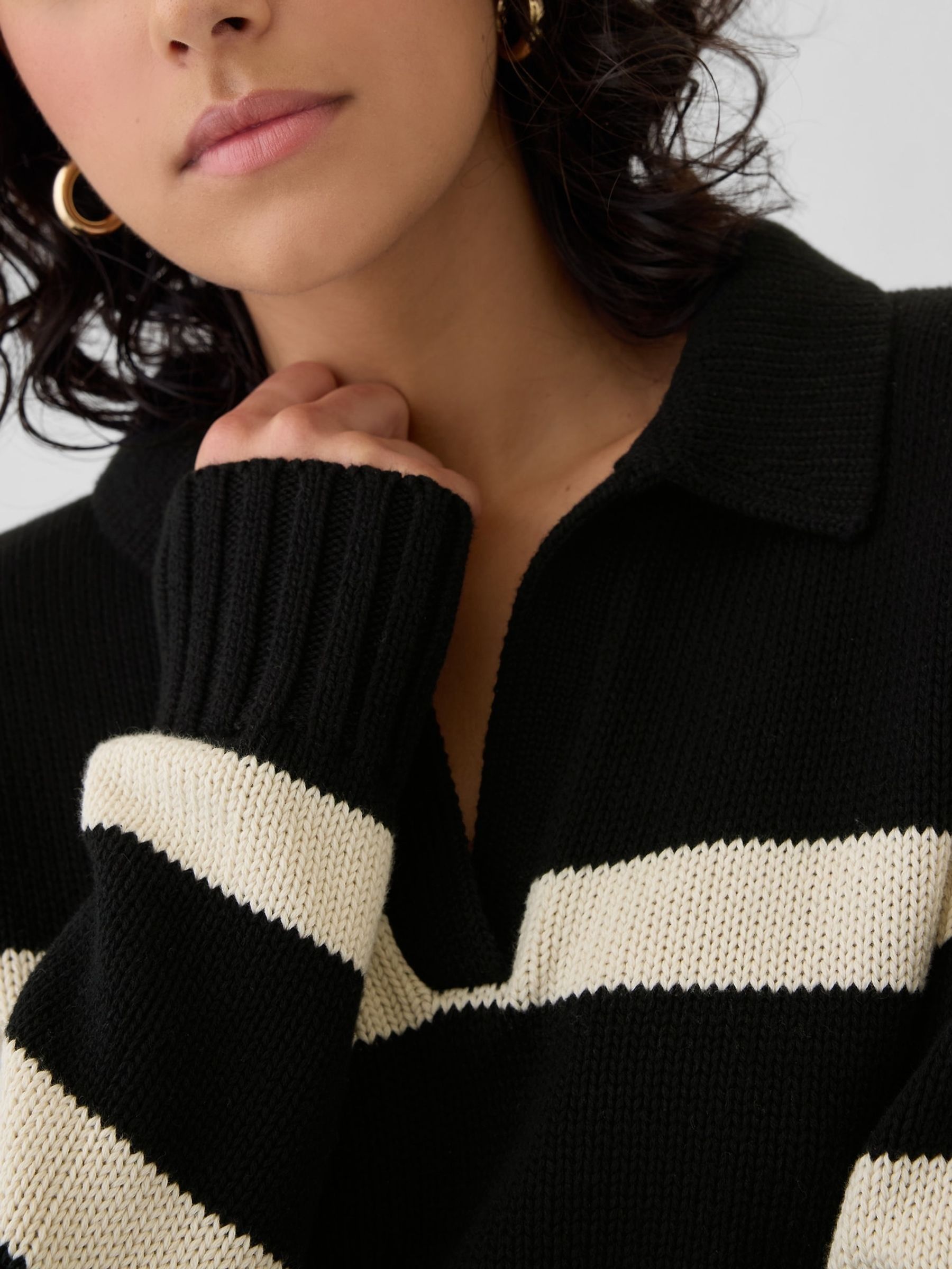 Black Stripe Soft Cotton Shrunken V-Neck Polo Jumper - Image 2 of 5