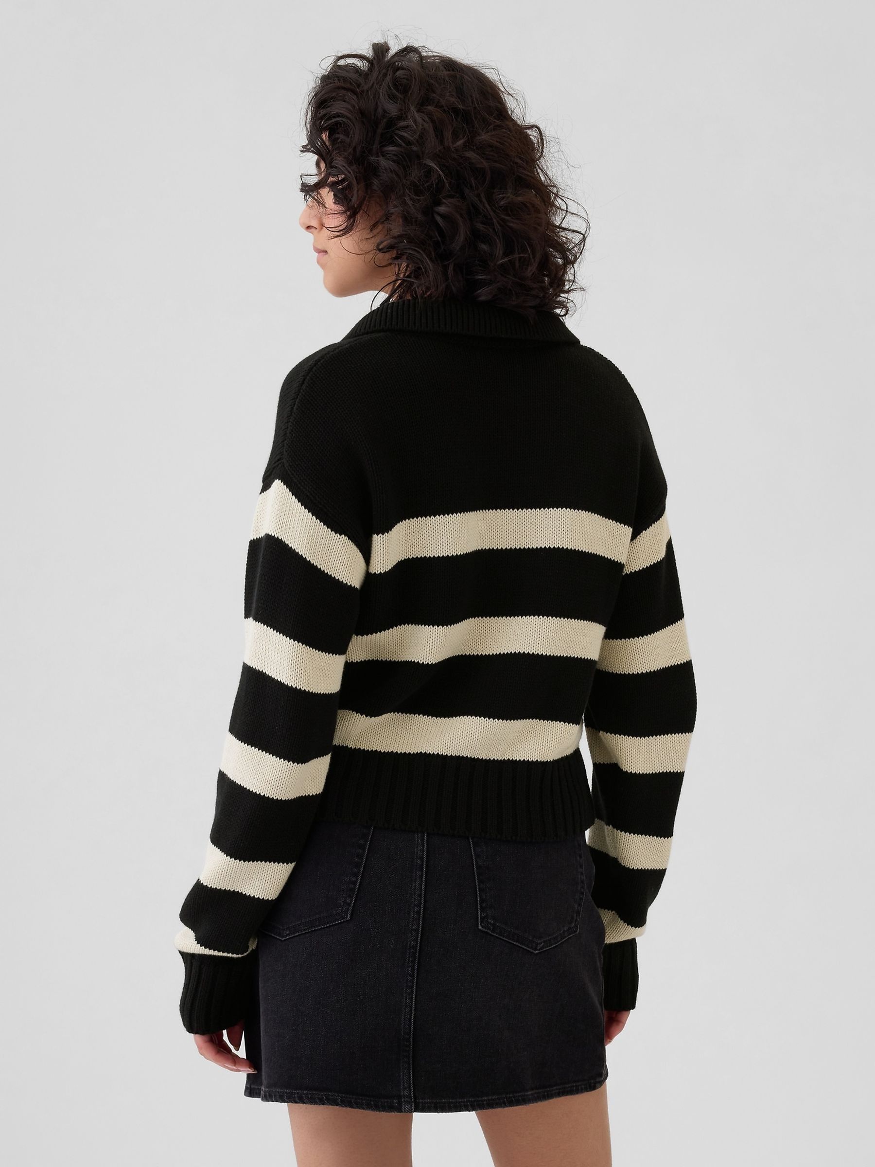 Black Stripe Soft Cotton Shrunken V-Neck Polo Jumper - Image 3 of 5
