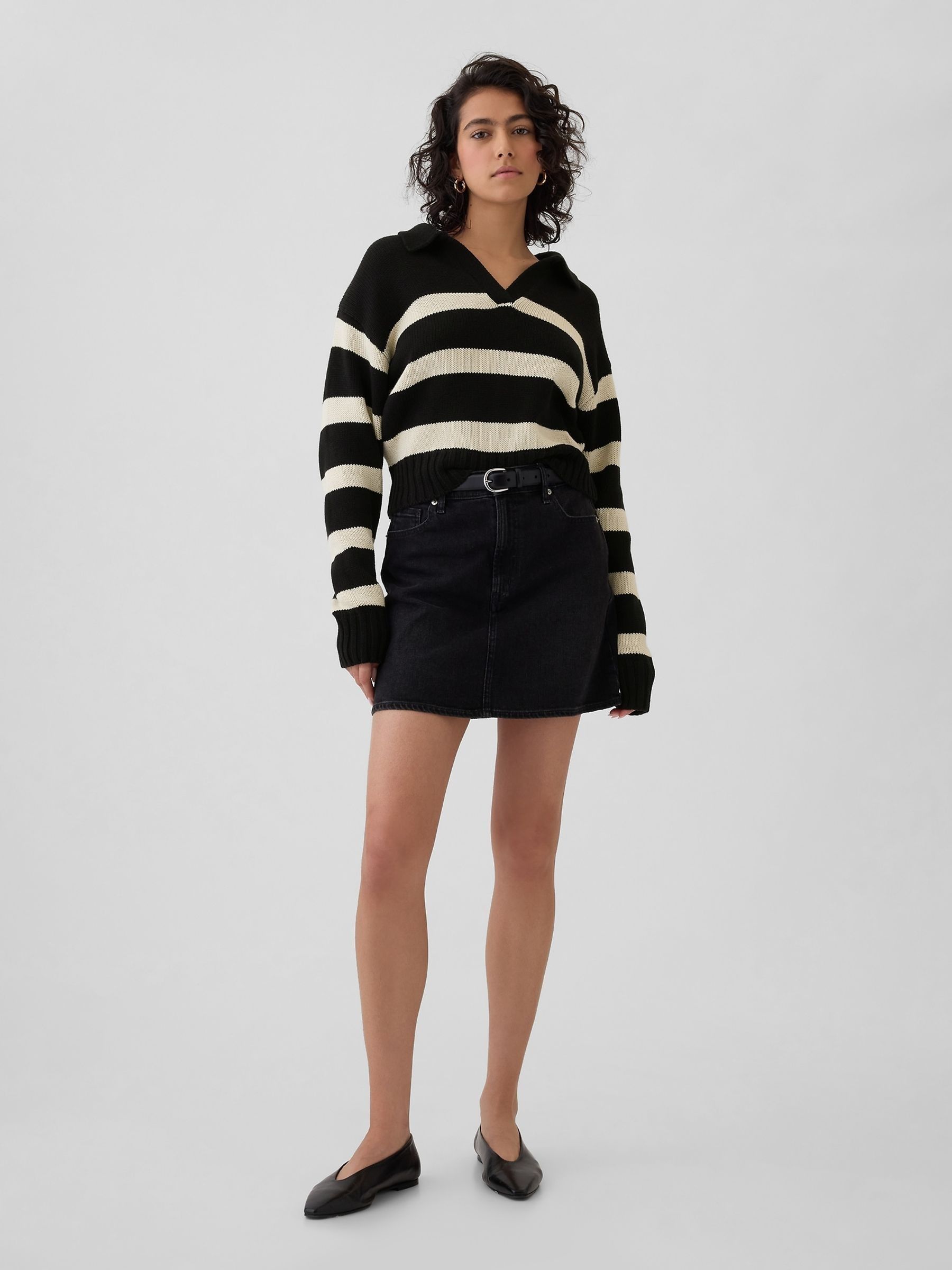 Black Stripe Soft Cotton Shrunken V-Neck Polo Jumper - Image 4 of 5