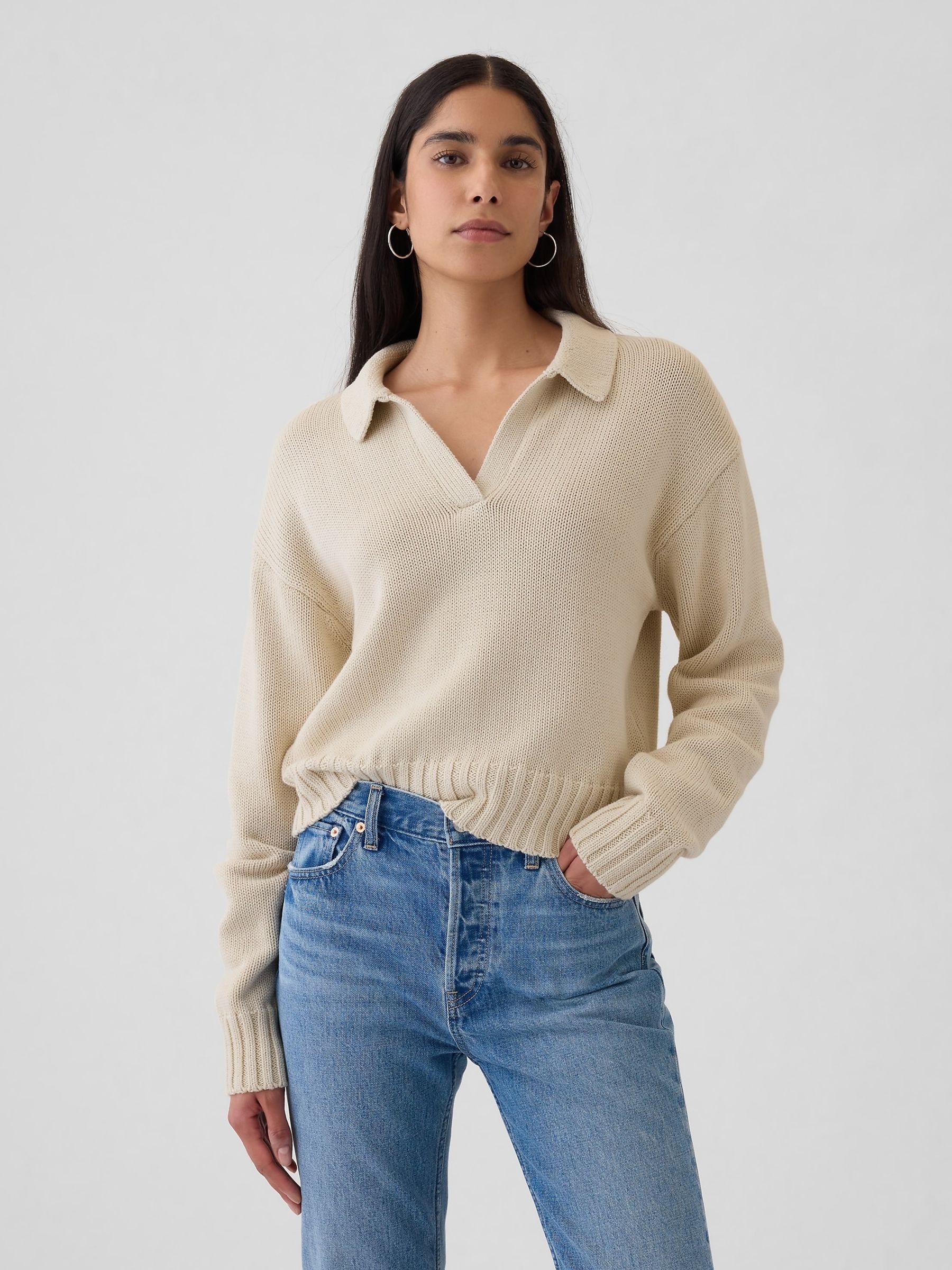 Beige Soft Cotton Shrunken V-Neck Polo Jumper Gap