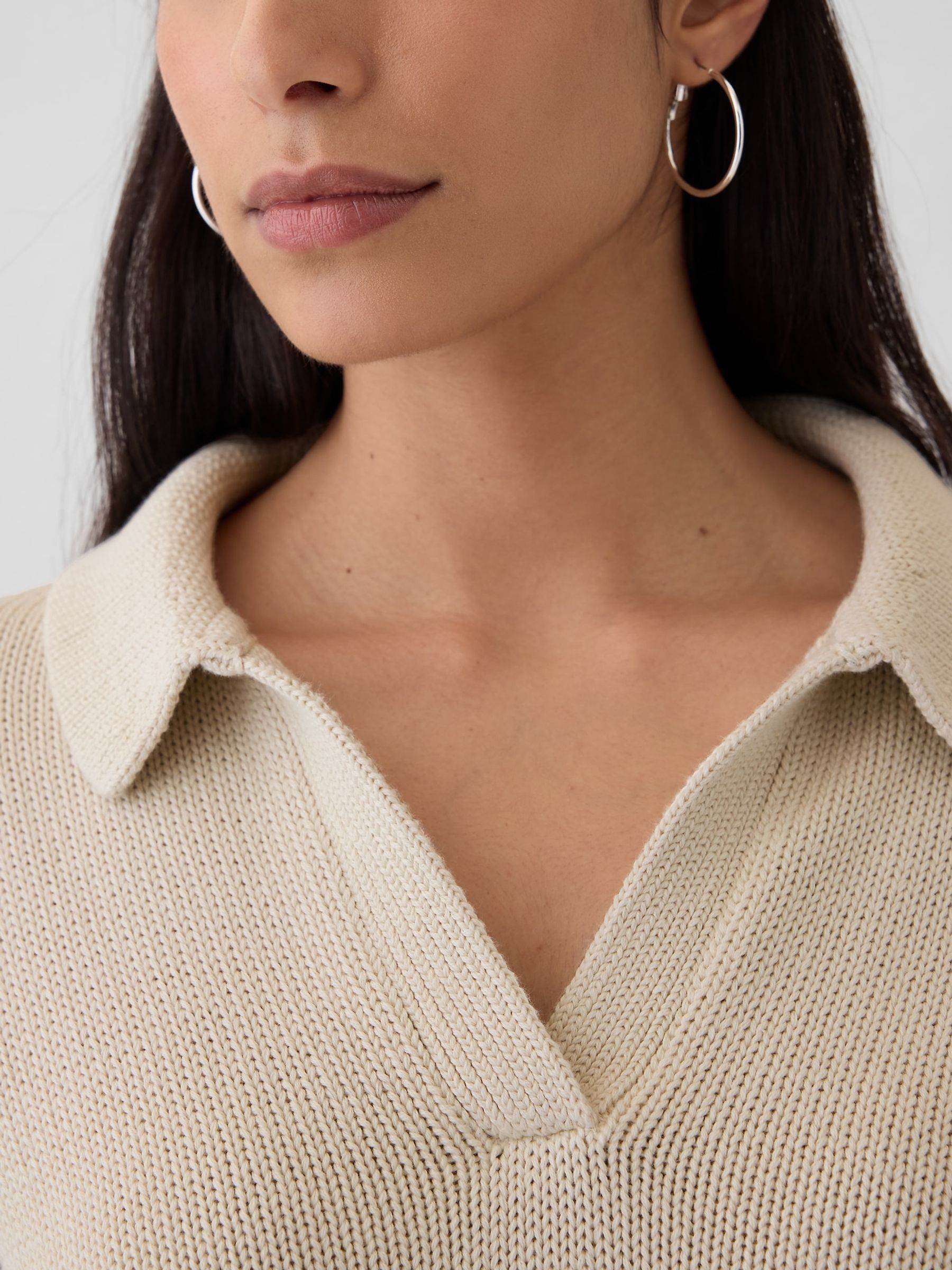 Beige Soft Cotton Shrunken V-Neck Polo Jumper - Image 2 of 5