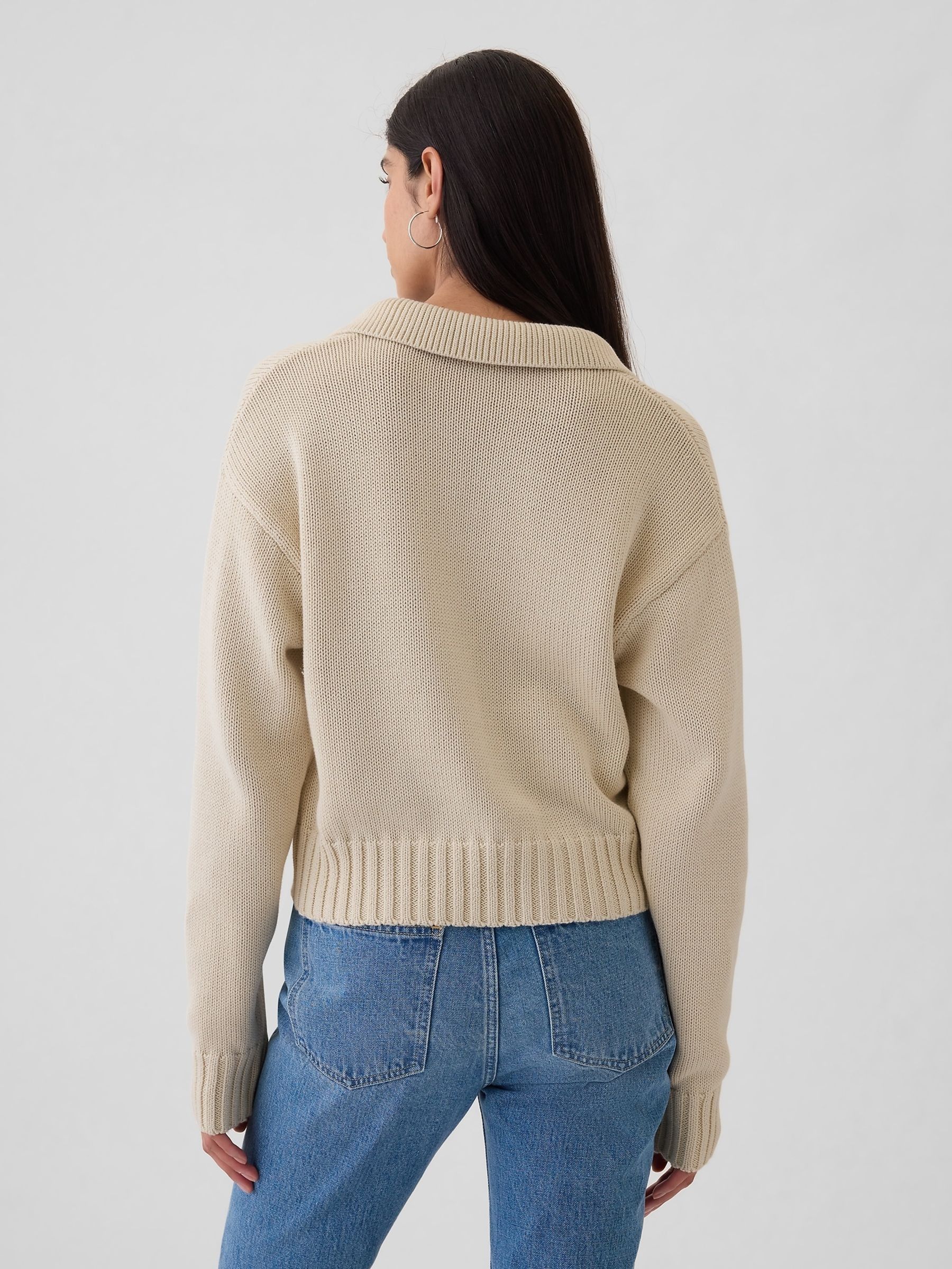 Beige Soft Cotton Shrunken V-Neck Polo Jumper - Image 3 of 5