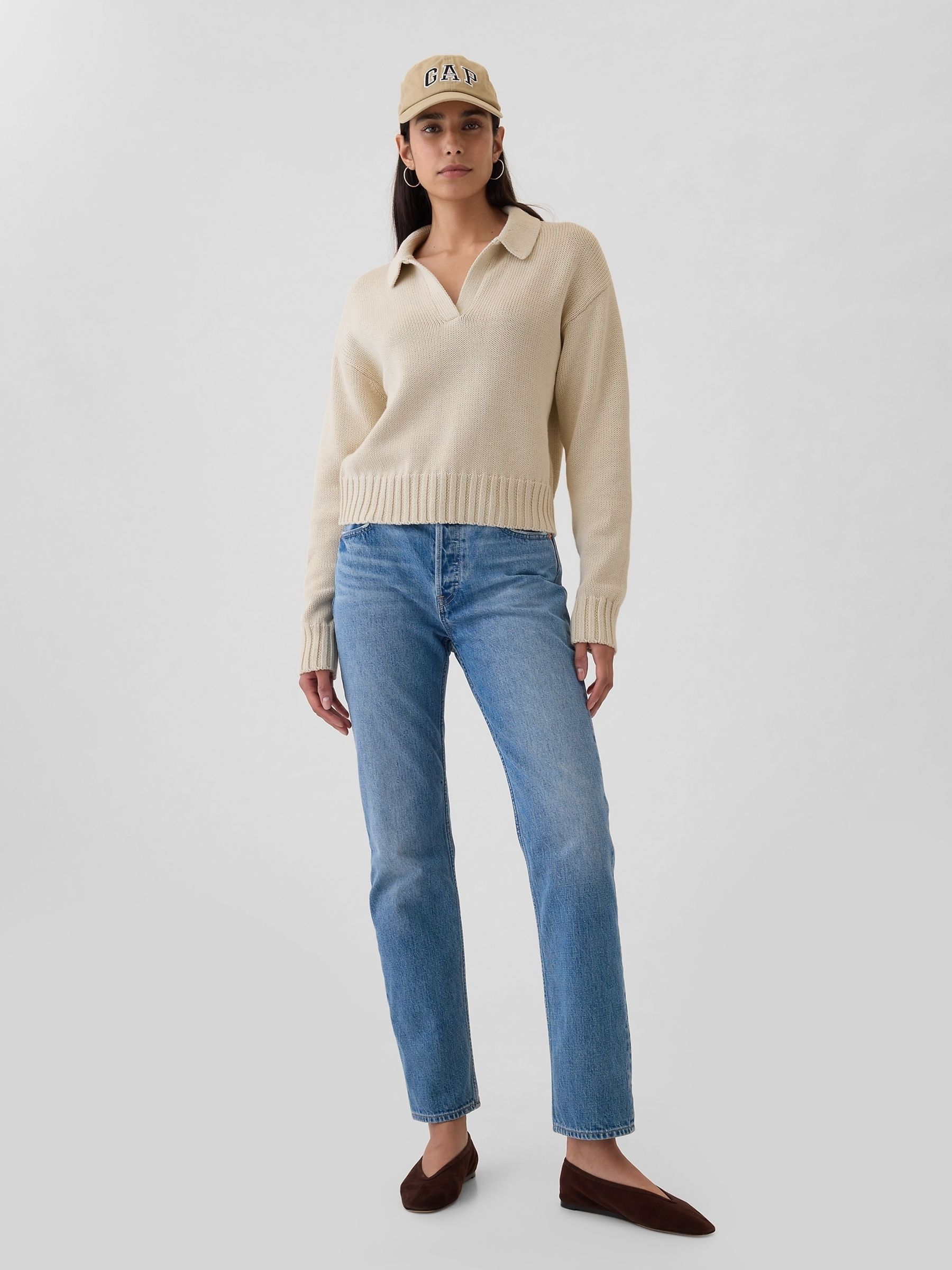 Beige Soft Cotton Shrunken V-Neck Polo Jumper - Image 4 of 5