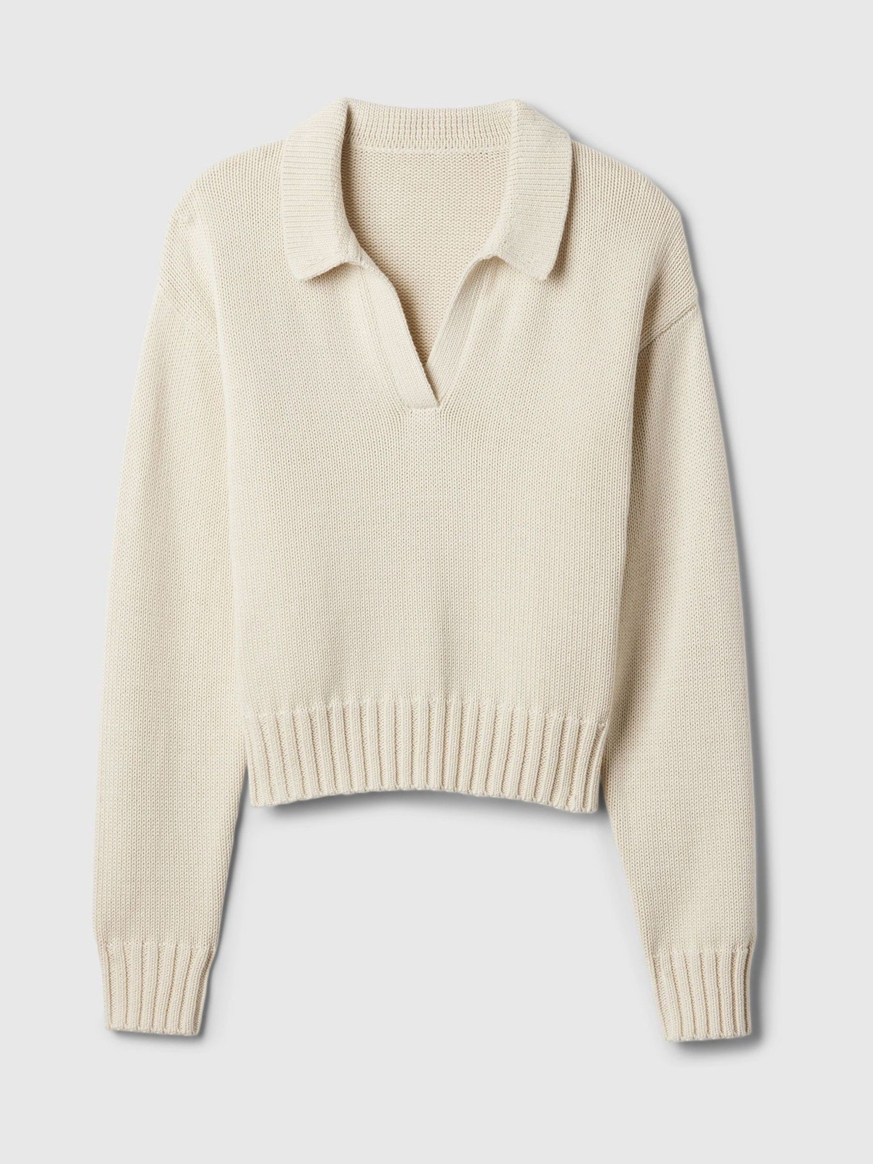 Beige Soft Cotton Shrunken V-Neck Polo Jumper - Image 5 of 5