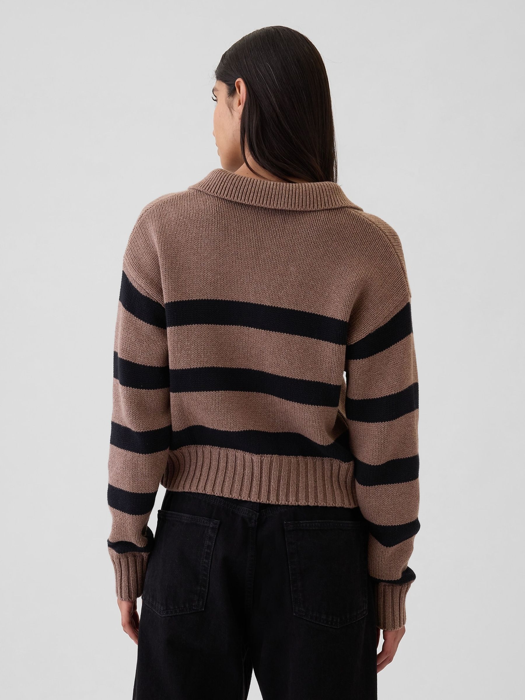 Brown Stripe Soft Cotton Shrunken V-Neck Polo Jumper - Image 2 of 5
