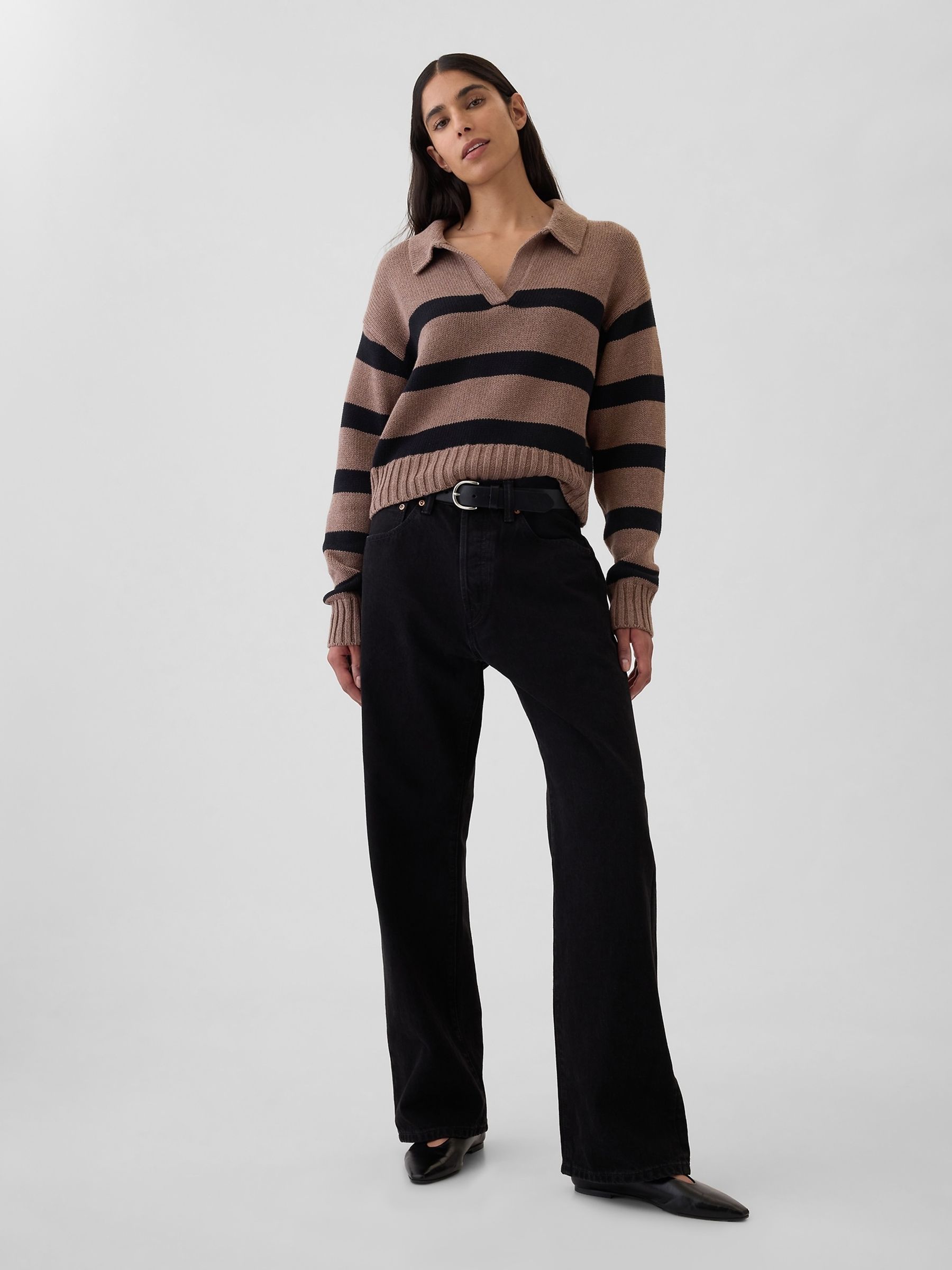 Brown Stripe Soft Cotton Shrunken V-Neck Polo Jumper - Image 3 of 5