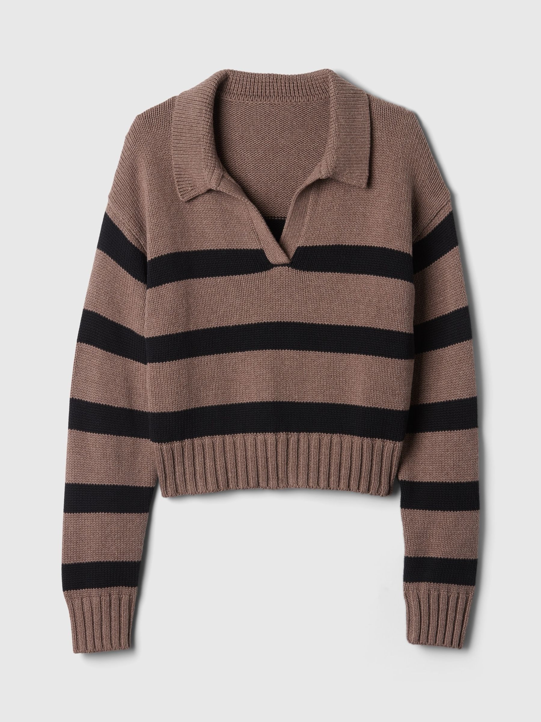 Brown Stripe Soft Cotton Shrunken V-Neck Polo Jumper - Image 4 of 5