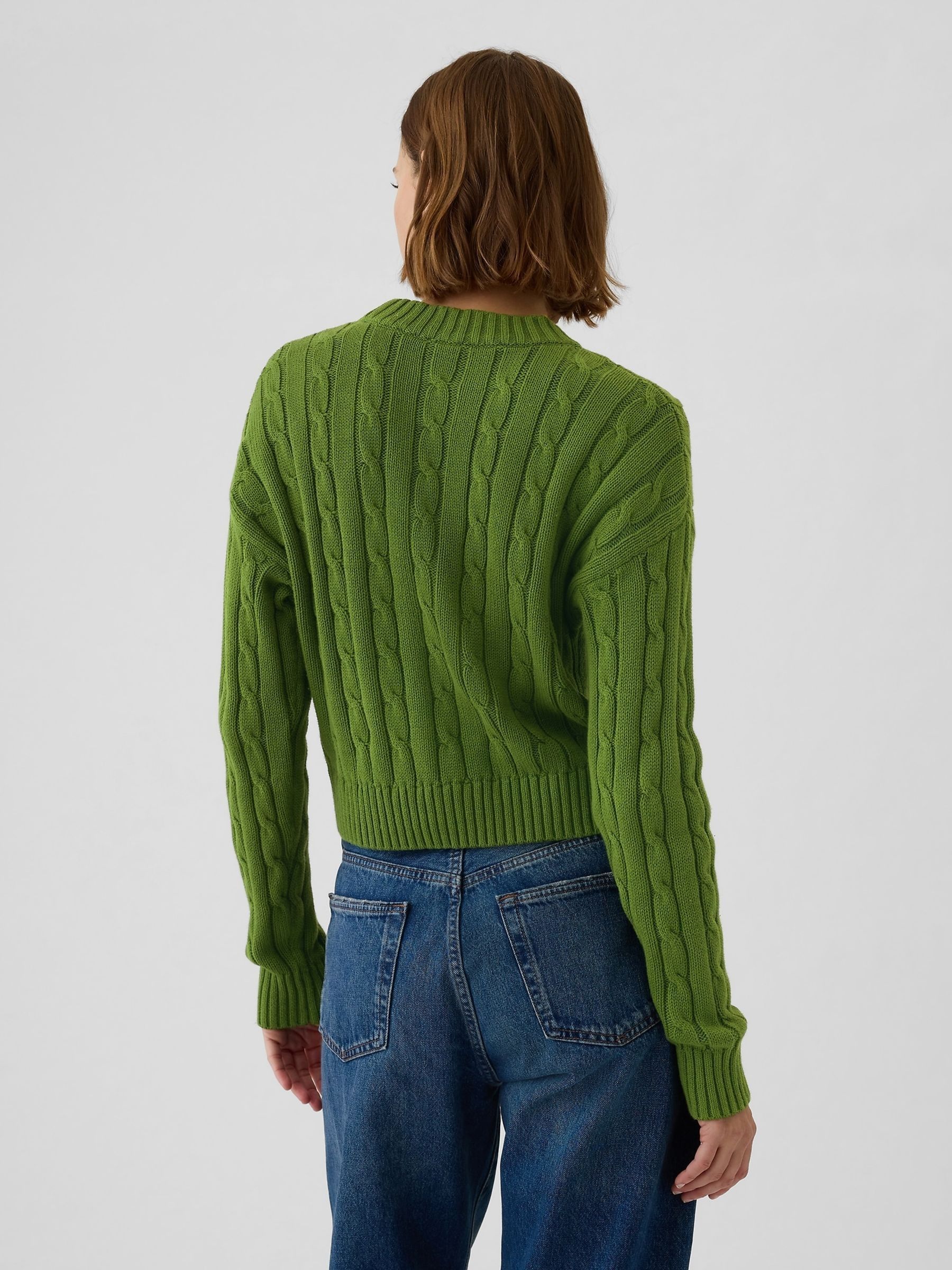 Green 100% Cotton Cable Knit Crew Neck Cropped Jumper - Image 2 of 5