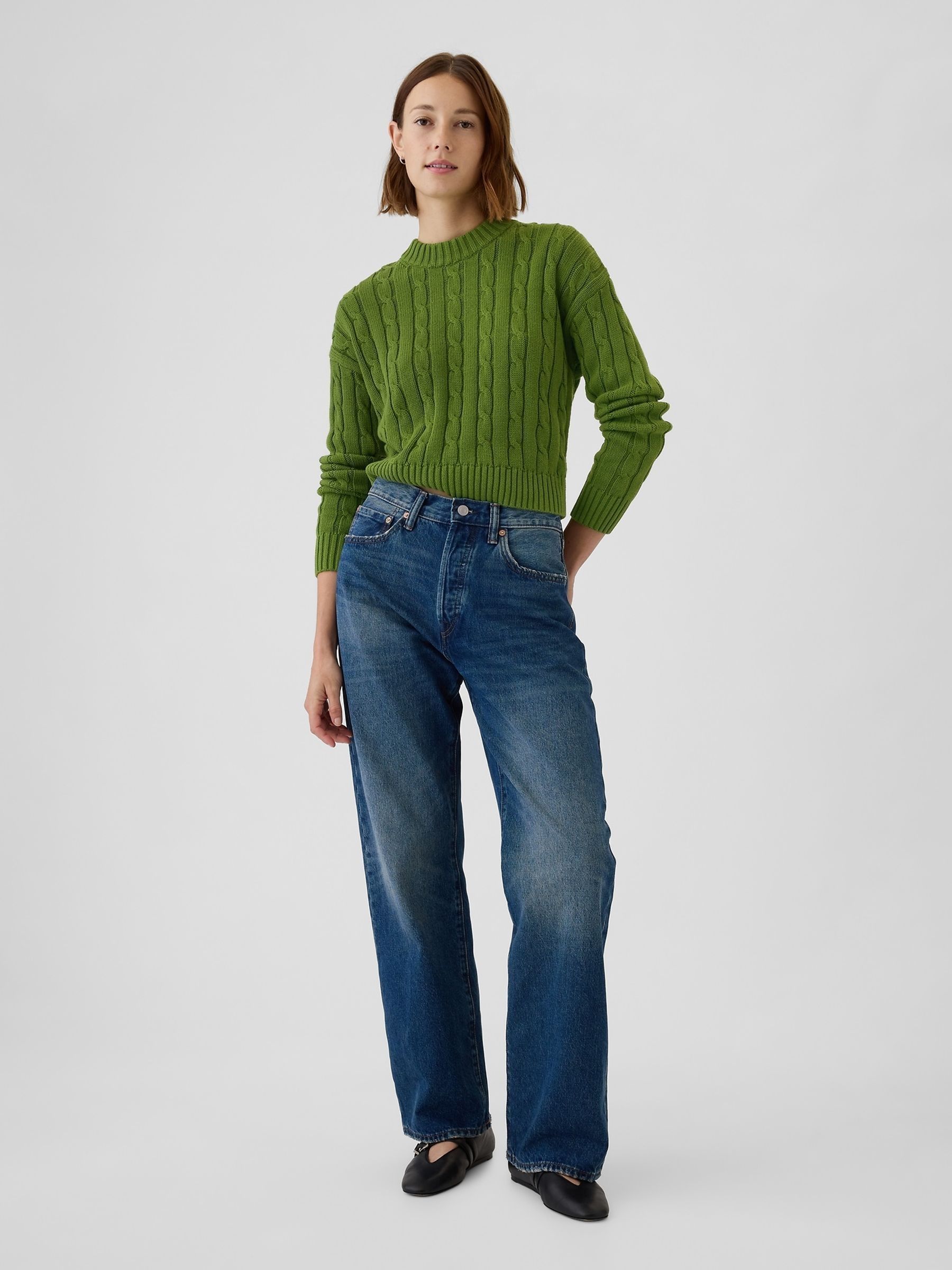 Green 100% Cotton Cable Knit Crew Neck Cropped Jumper - Image 3 of 5