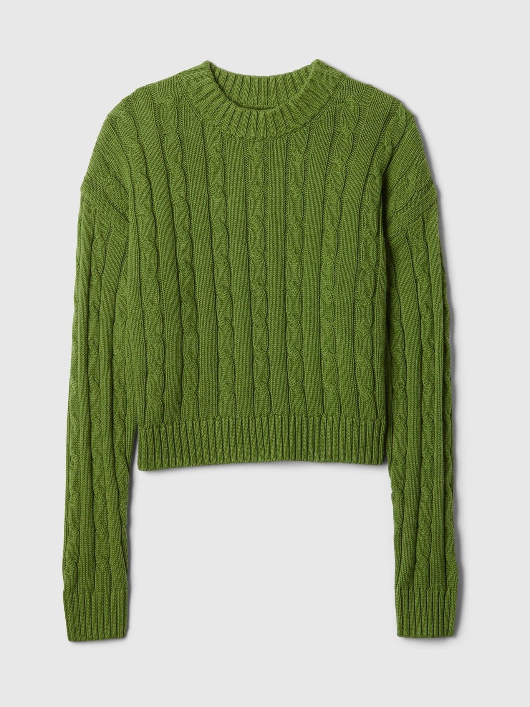 Green 100% Cotton Cable Knit Crew Neck Cropped Jumper - Image 5 of 5