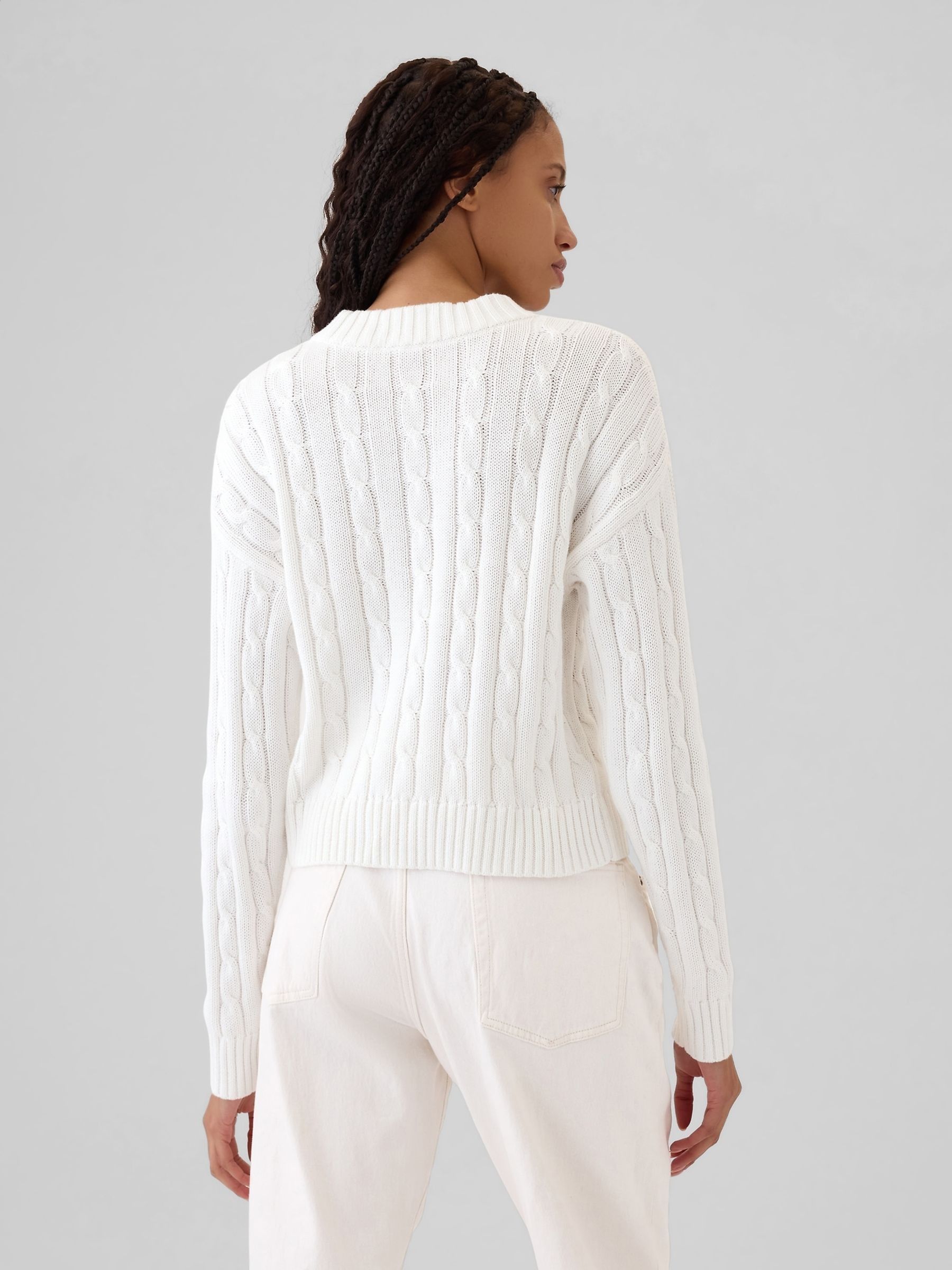 White 100% Cotton Cable Knit Crew Neck Cropped Jumper - Image 2 of 5