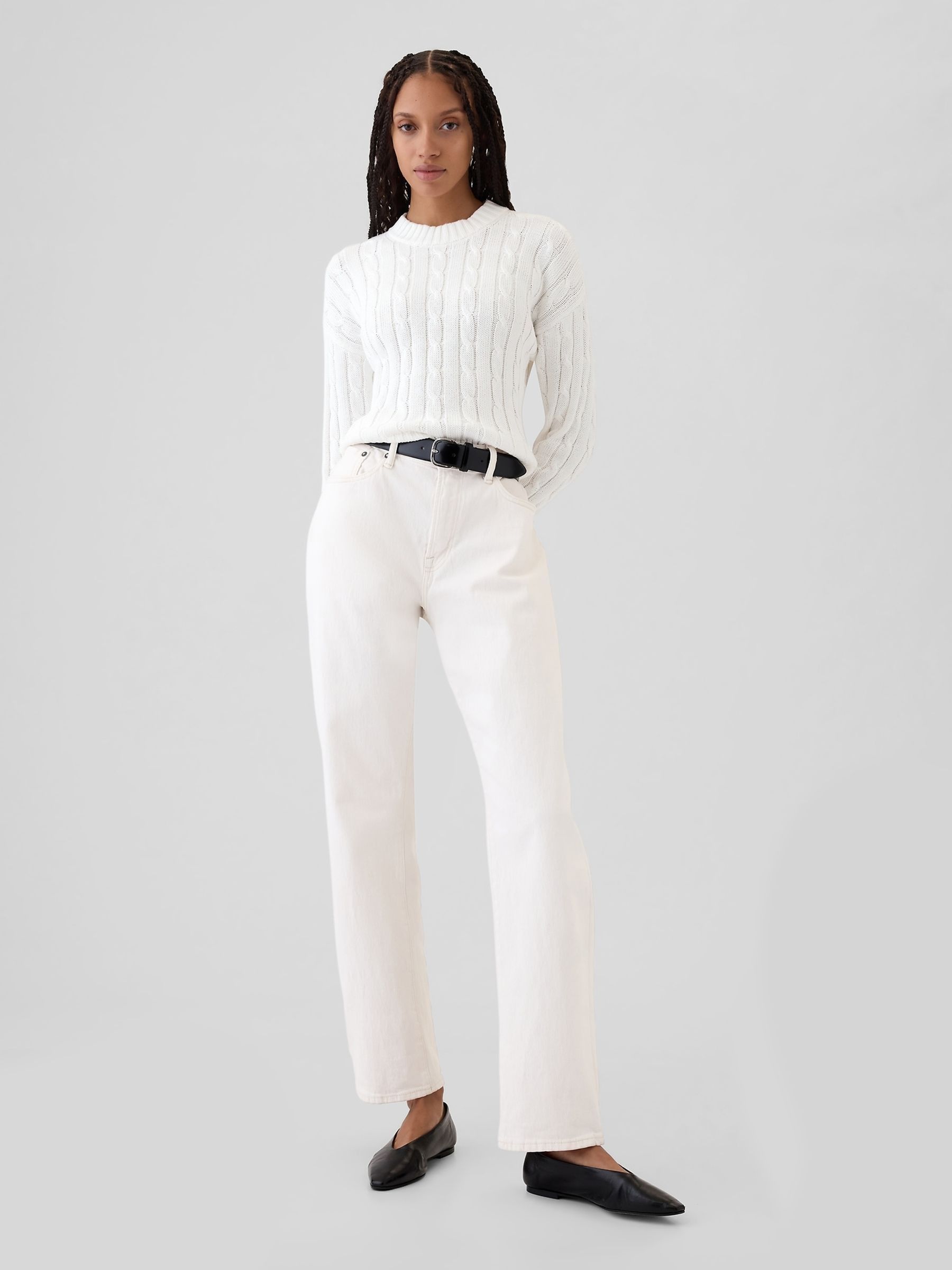 White 100% Cotton Cable Knit Crew Neck Cropped Jumper - Image 3 of 5