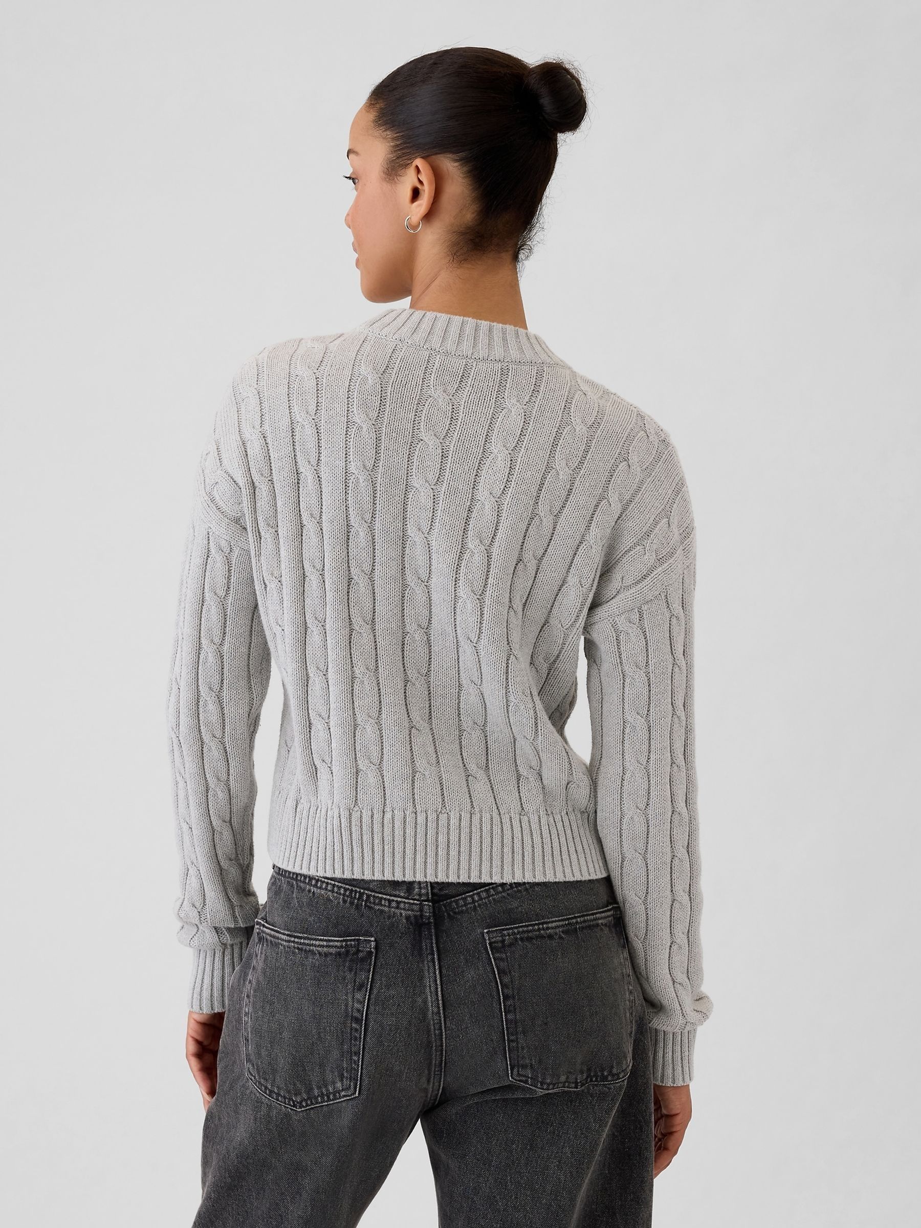 Grey 100% Cotton Cable Knit Crew Neck Cropped Jumper - Image 2 of 7