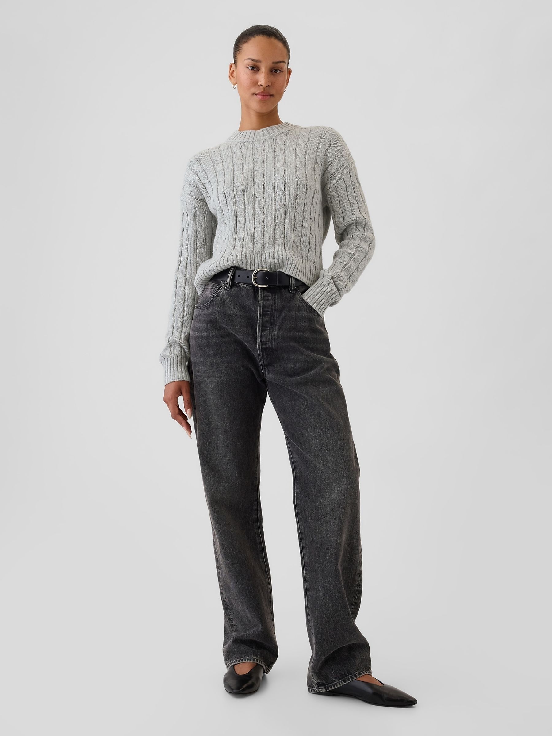 Grey 100% Cotton Cable Knit Crew Neck Cropped Jumper - Image 3 of 7