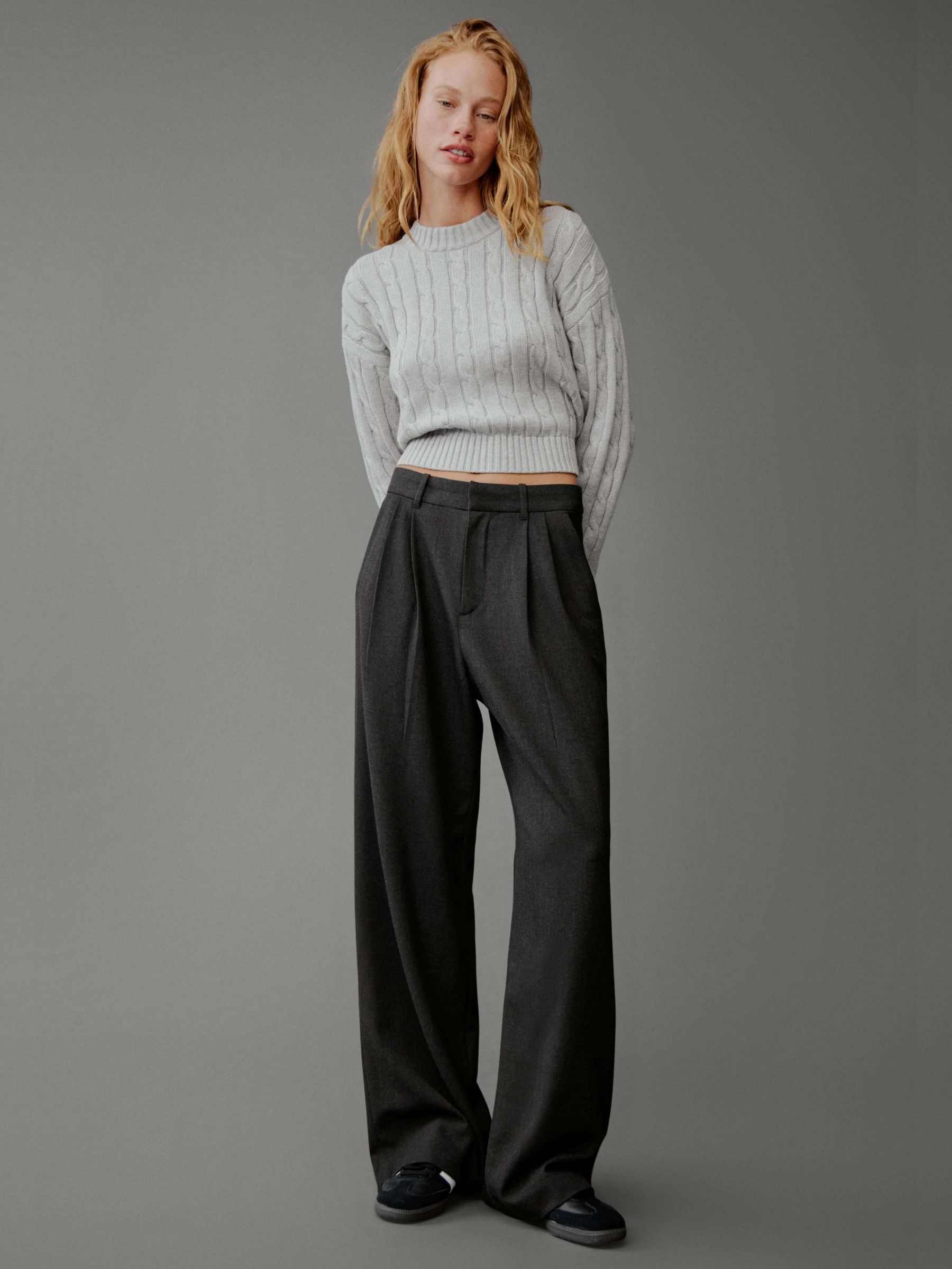 Grey 100% Cotton Cable Knit Crew Neck Cropped Jumper - Image 5 of 7