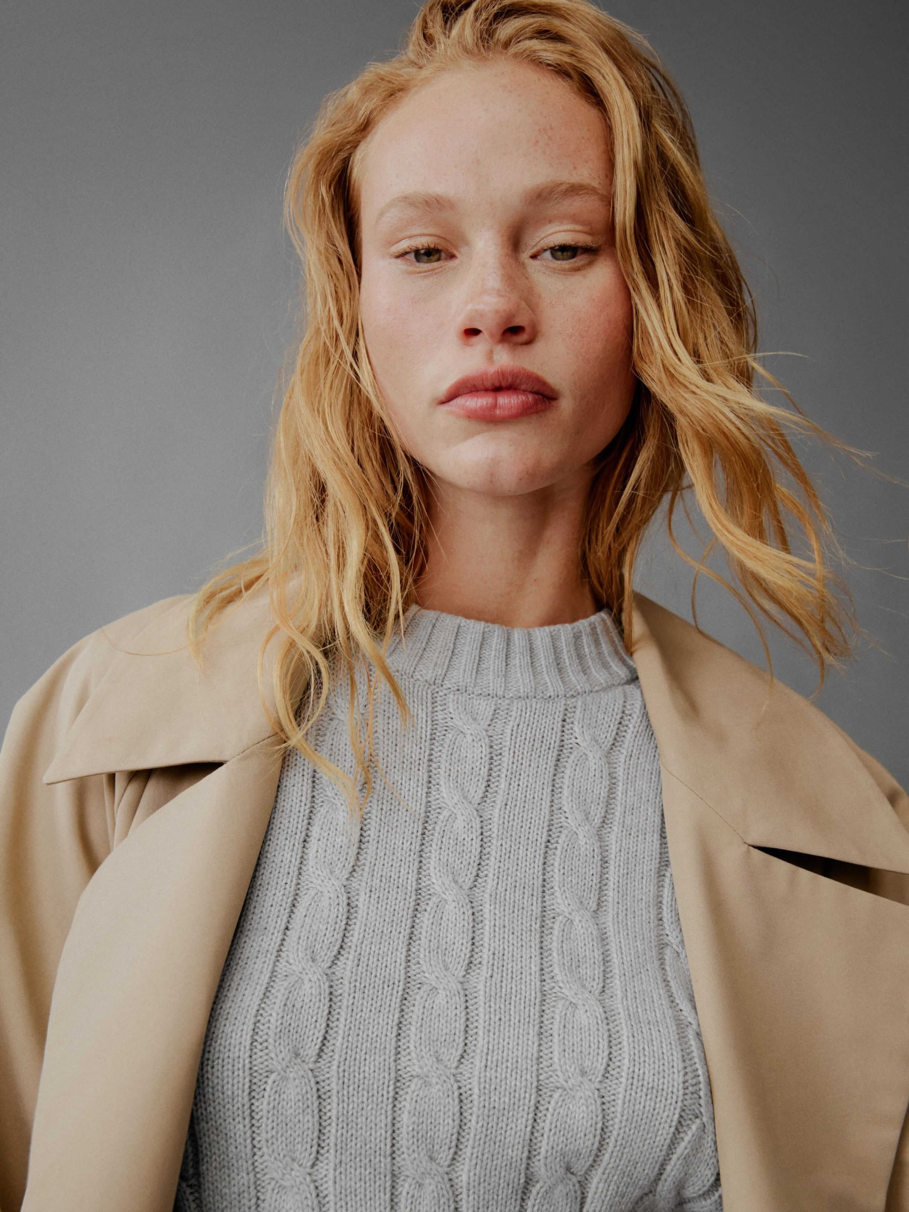 Grey 100% Cotton Cable Knit Crew Neck Cropped Jumper - Image 6 of 7