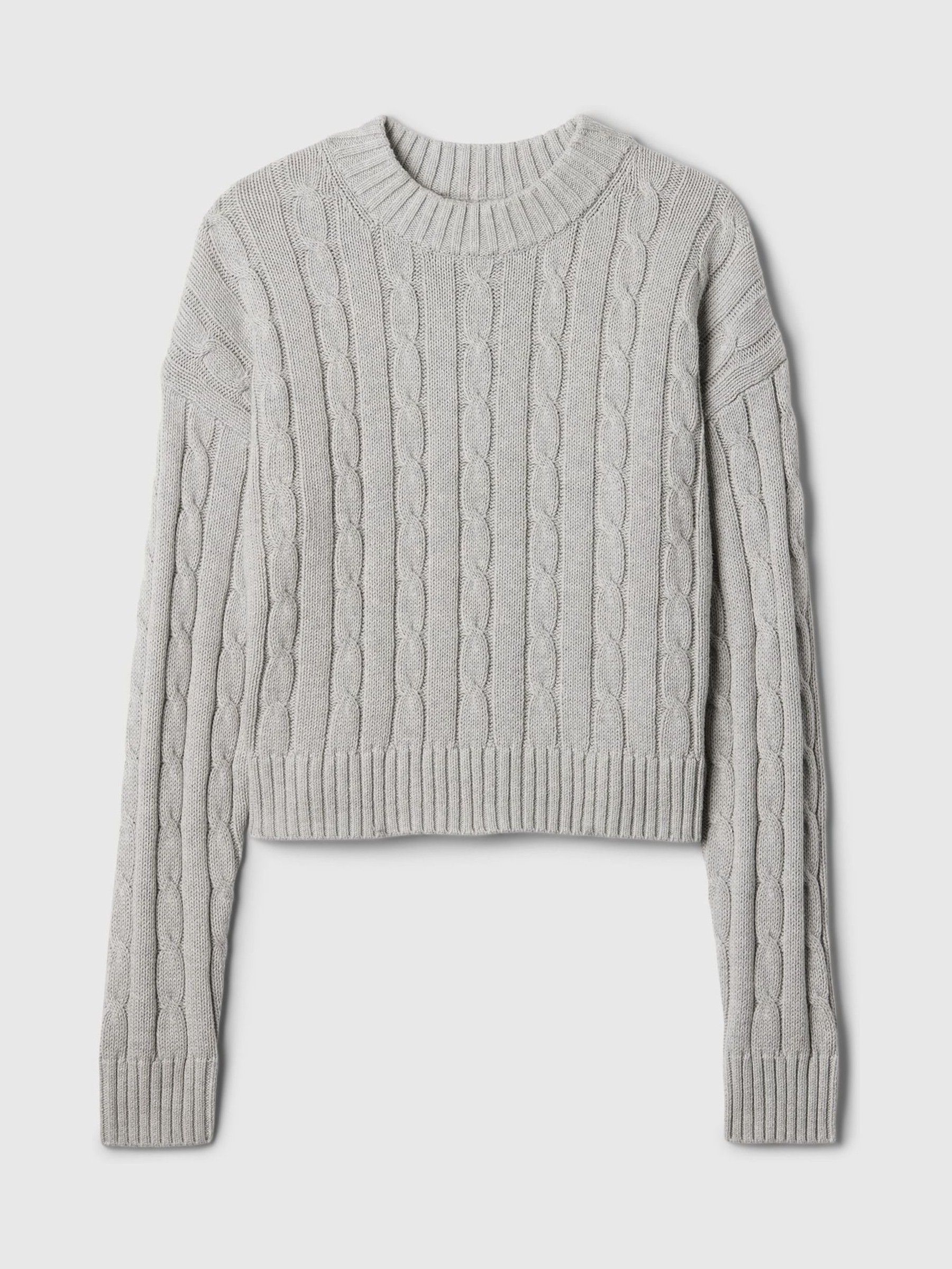Grey 100% Cotton Cable Knit Crew Neck Cropped Jumper - Image 7 of 7