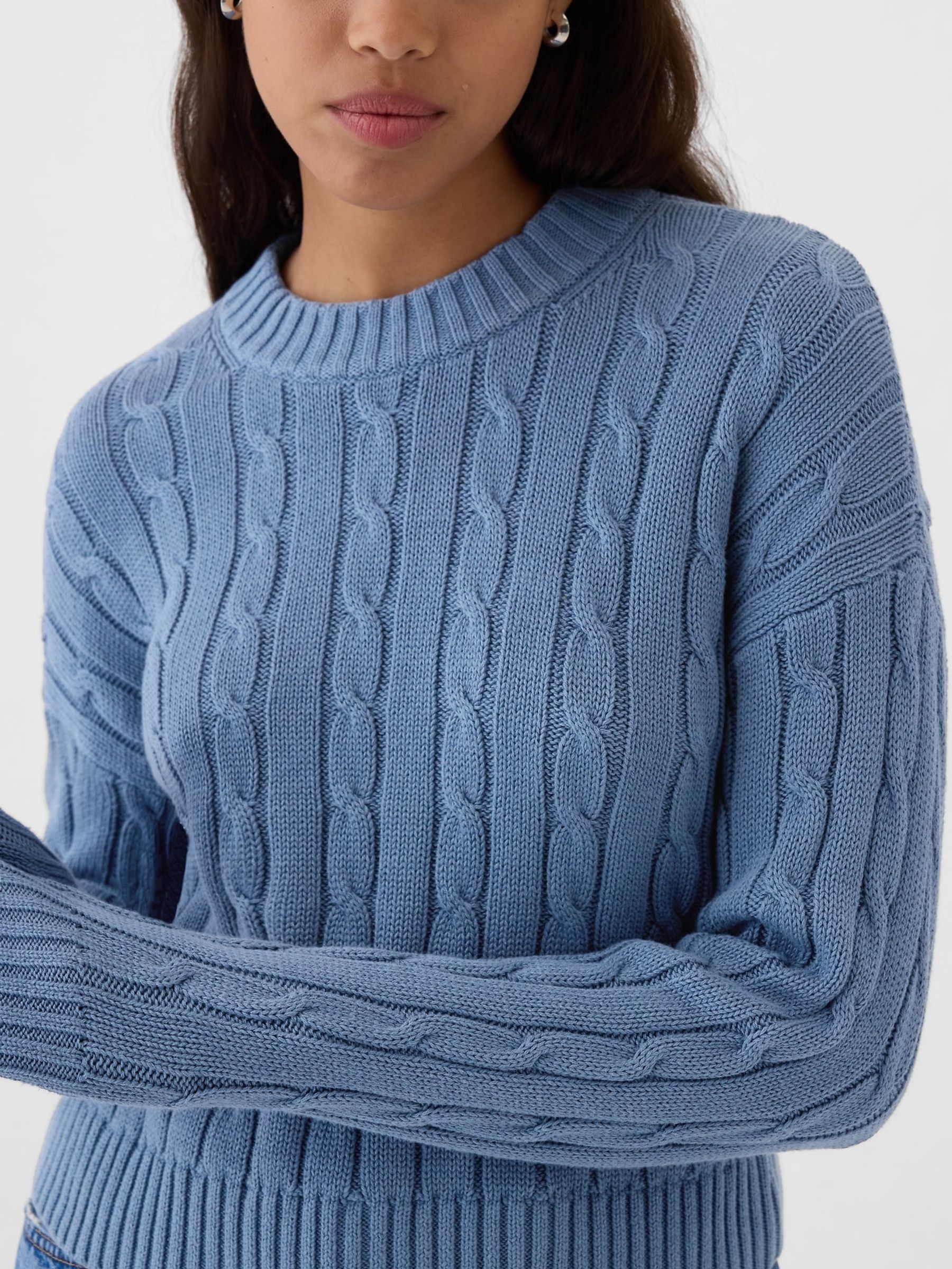 Blue 100% Cotton Cable Knit Crew Neck Cropped Jumper - Image 2 of 5