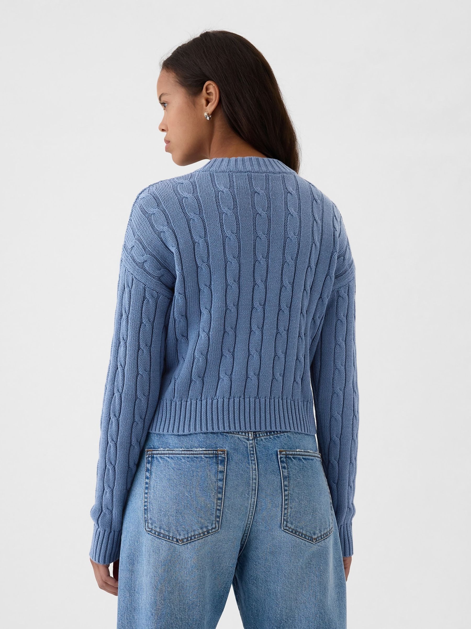 Blue 100% Cotton Cable Knit Crew Neck Cropped Jumper - Image 3 of 5