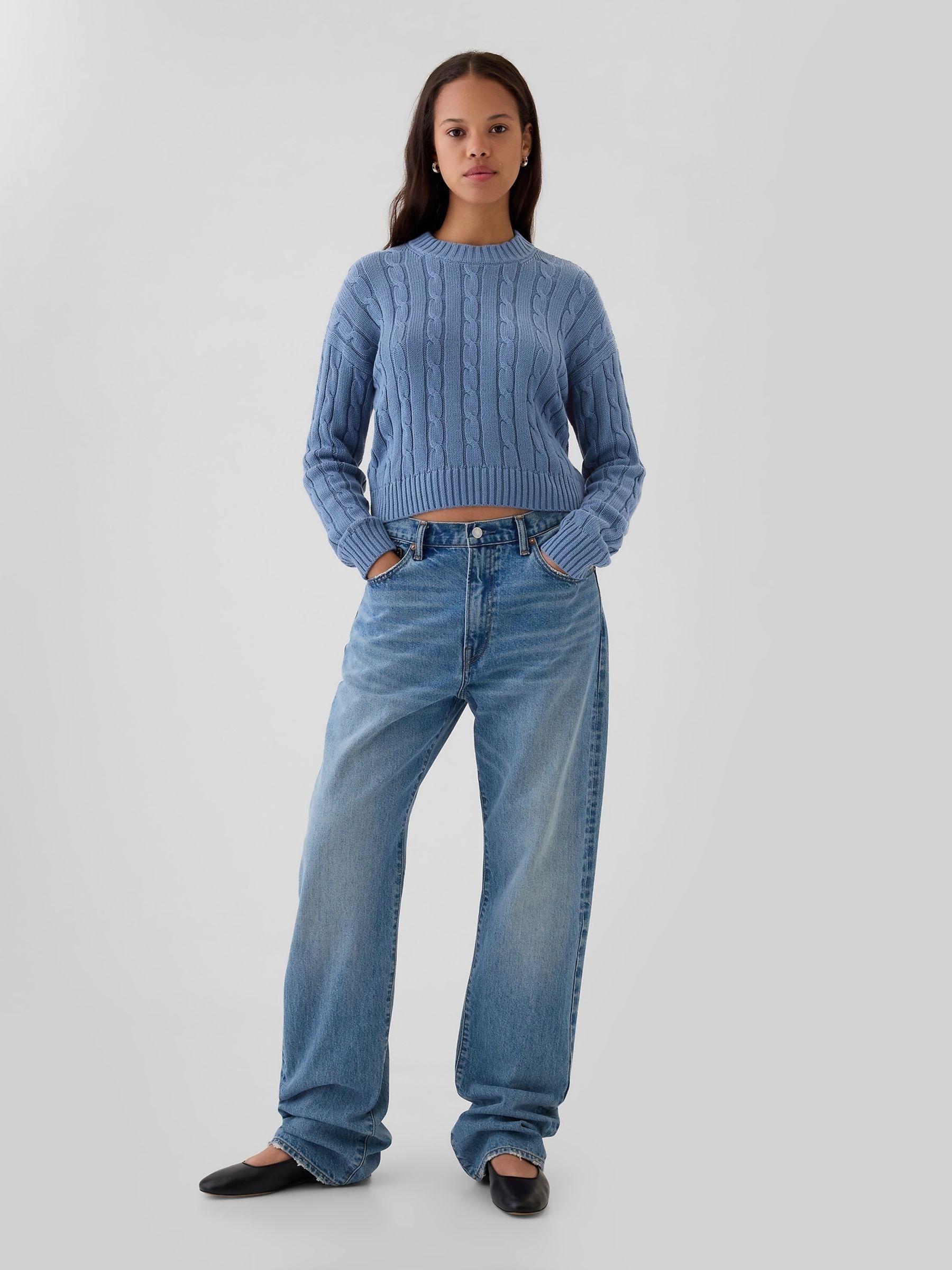 Blue 100% Cotton Cable Knit Crew Neck Cropped Jumper - Image 4 of 5