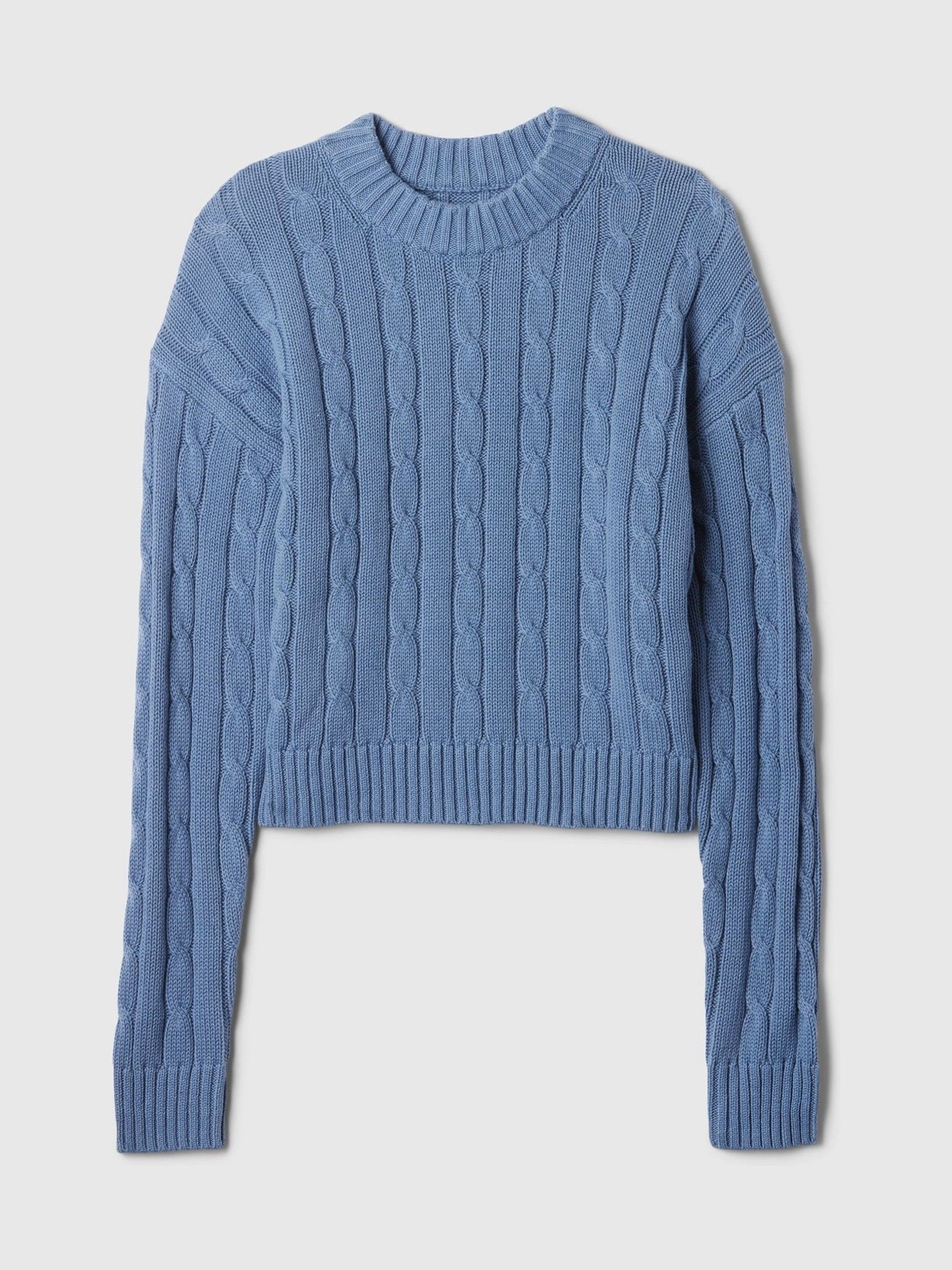 Blue 100% Cotton Cable Knit Crew Neck Cropped Jumper - Image 5 of 5