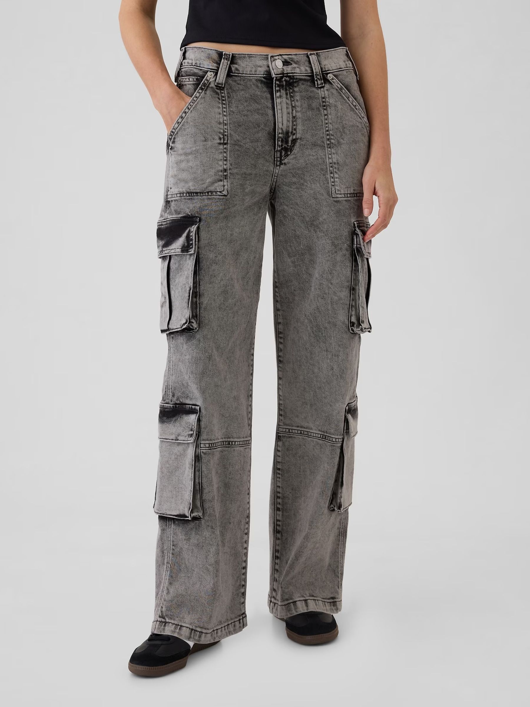 Black Mid Rise Double Pocket 90s Loose Cargo Jeans - Image 2 of 6