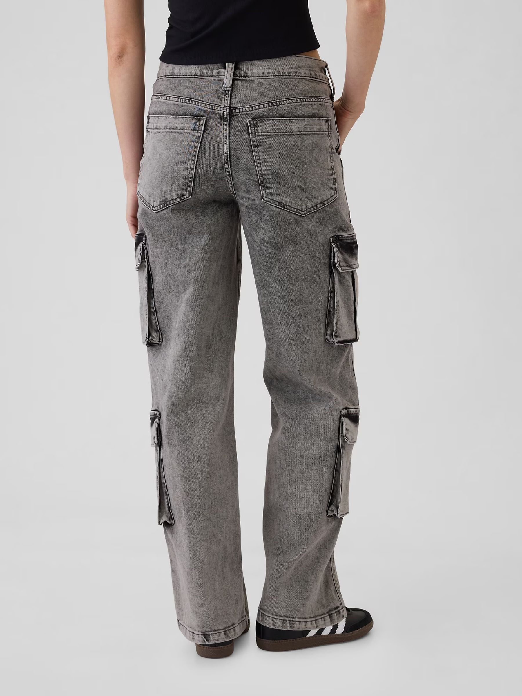 Black Mid Rise Double Pocket 90s Loose Cargo Jeans - Image 3 of 6