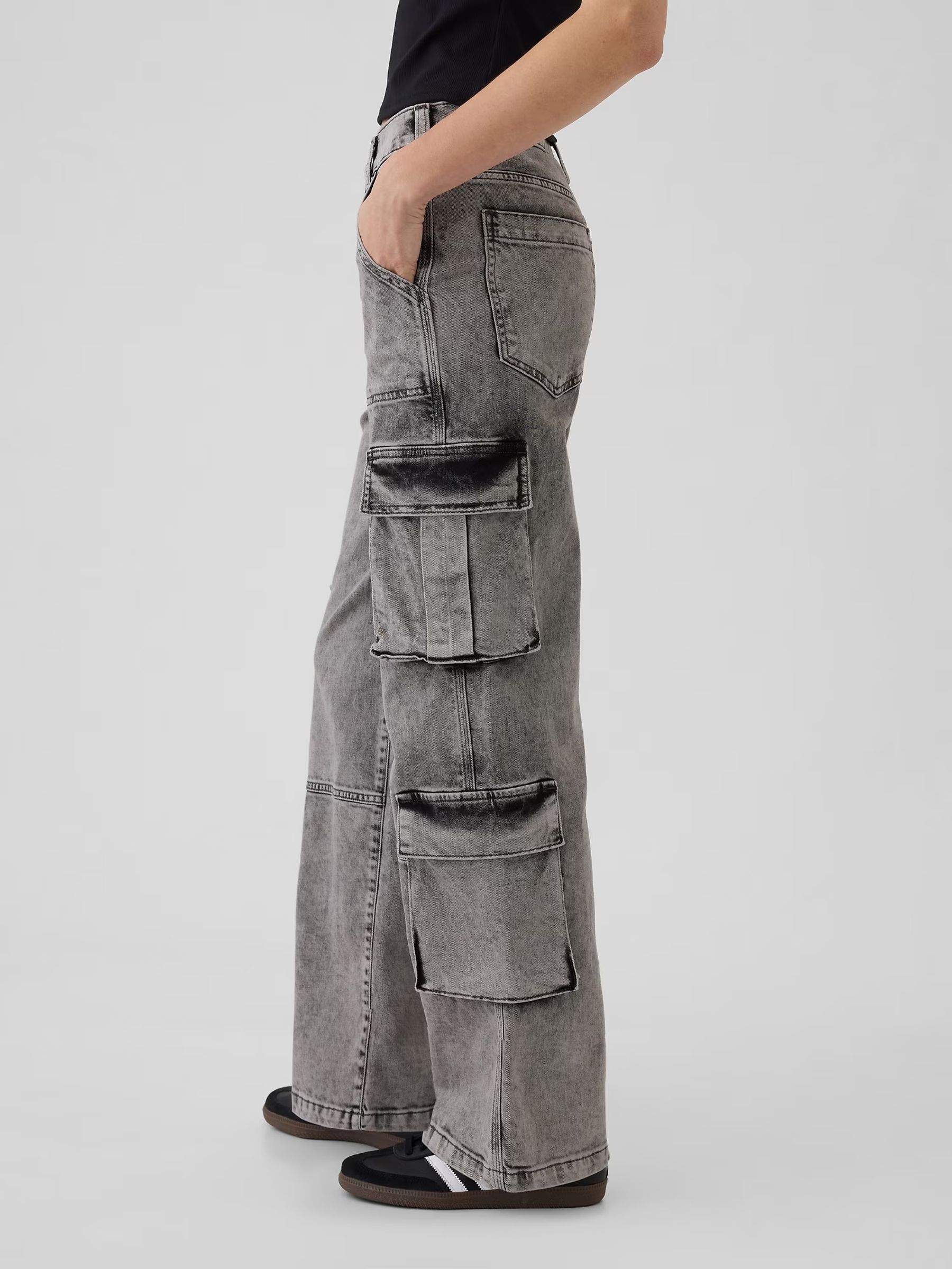 Black Mid Rise Double Pocket 90s Loose Cargo Jeans - Image 5 of 6