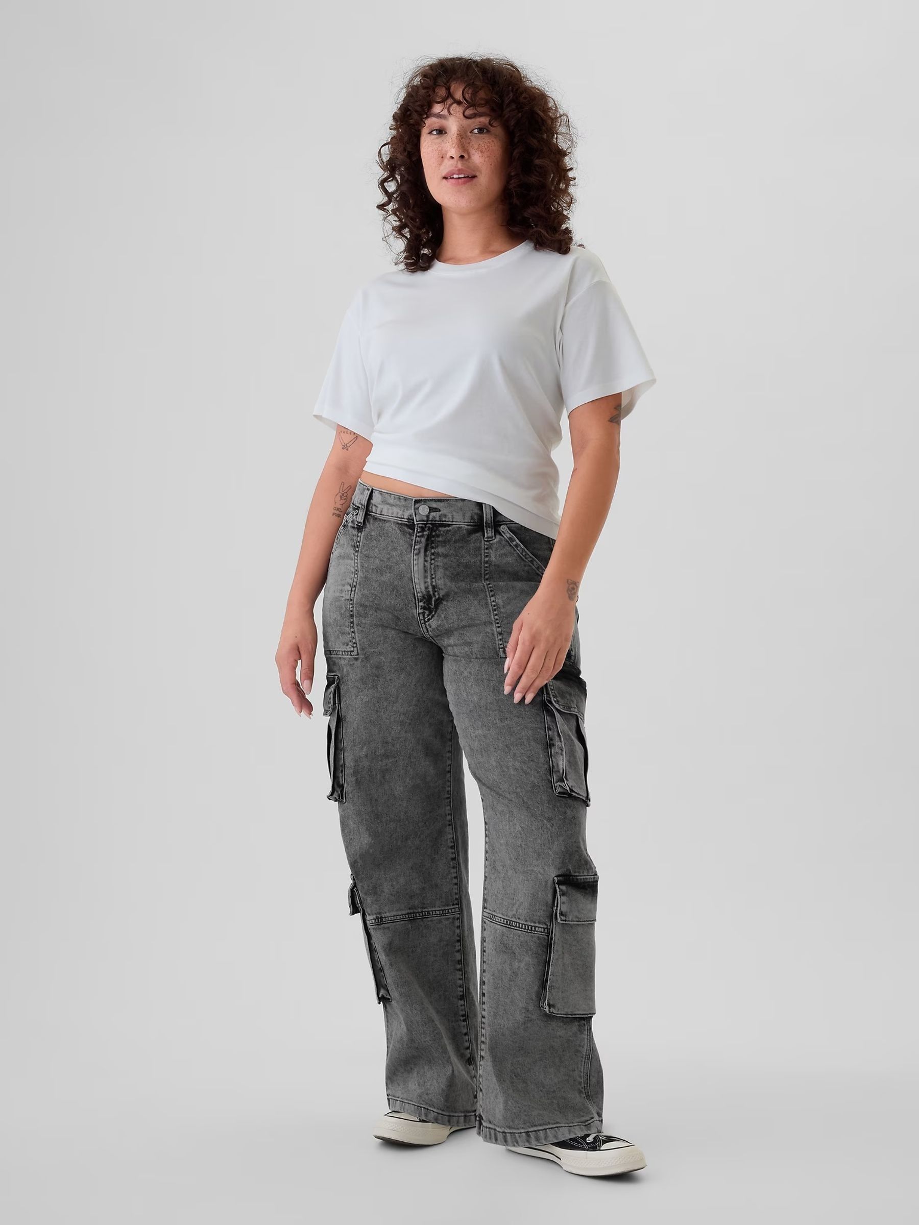 Black Mid Rise Double Pocket 90s Loose Cargo Jeans - Image 6 of 6