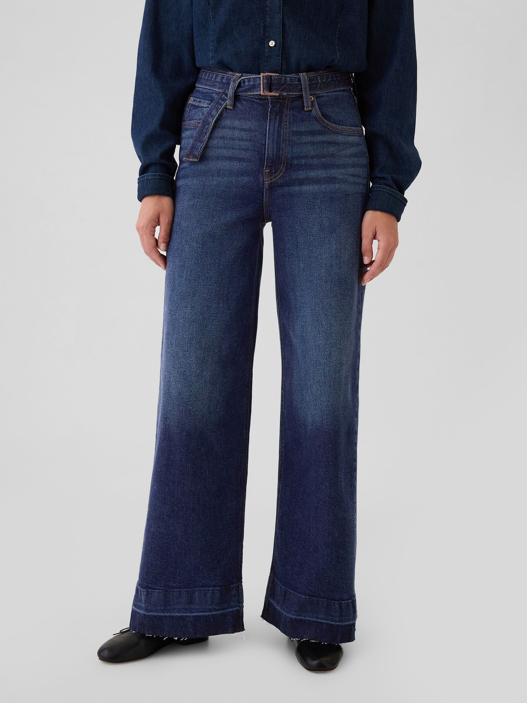 Dark Blue High Waisted Belted Stride Wide Leg Jeans - Image 1 of 8