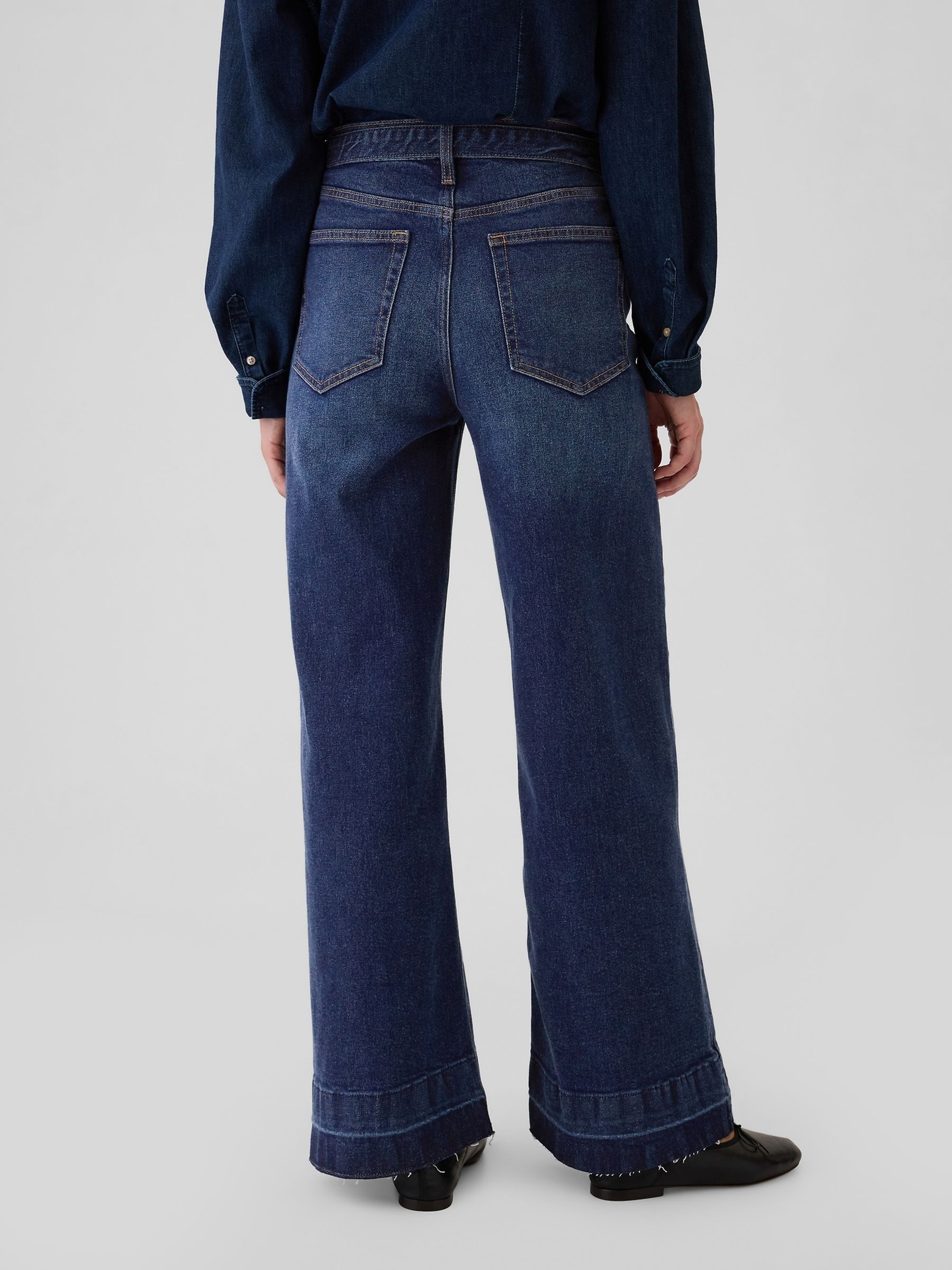 Dark Blue High Waisted Belted Stride Wide Leg Jeans - Image 2 of 8