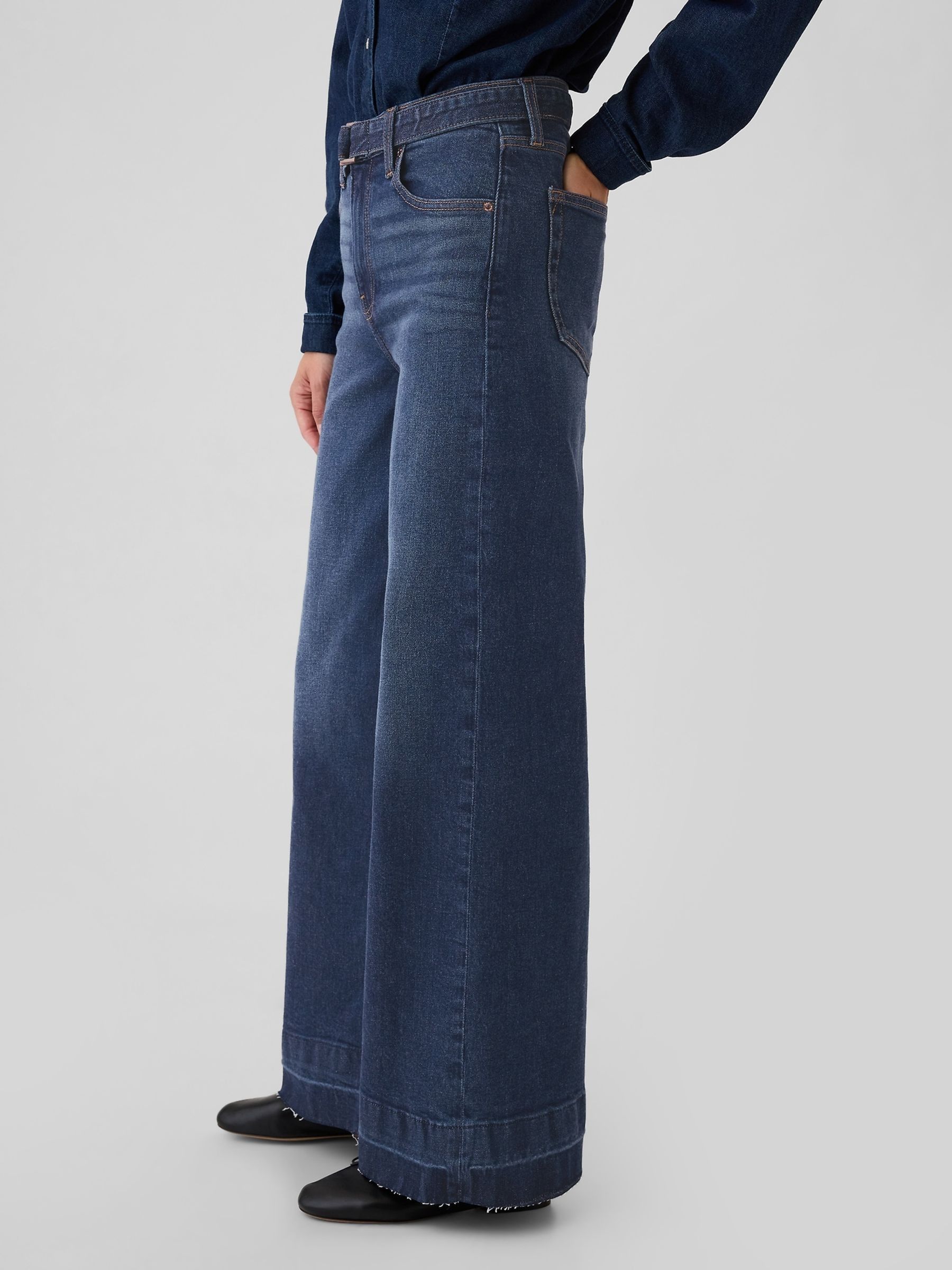 Dark Blue High Waisted Belted Stride Wide Leg Jeans - Image 3 of 8