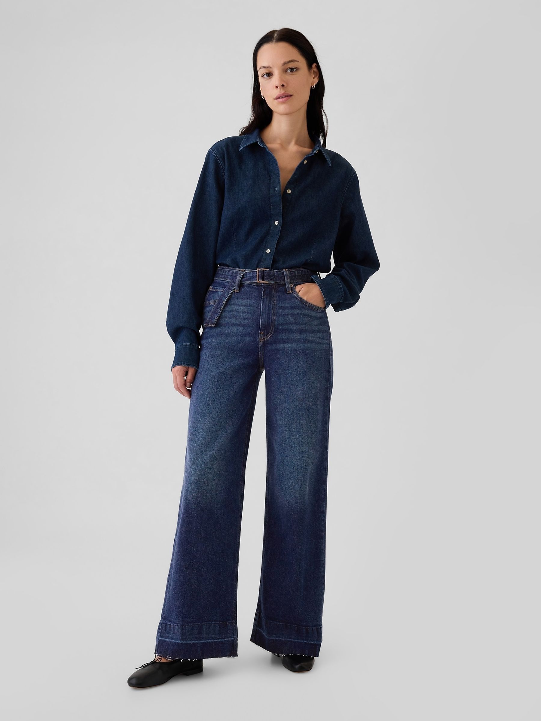 Dark Blue High Waisted Belted Stride Wide Leg Jeans - Image 5 of 8
