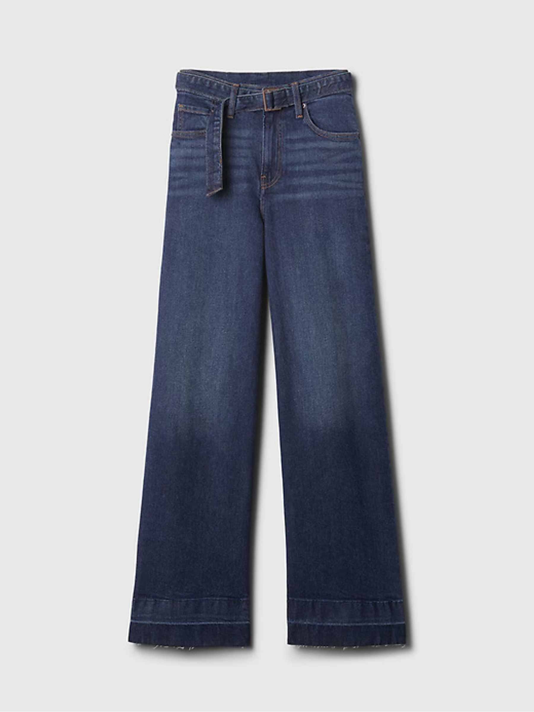 Dark Blue High Waisted Belted Stride Wide Leg Jeans - Image 7 of 8